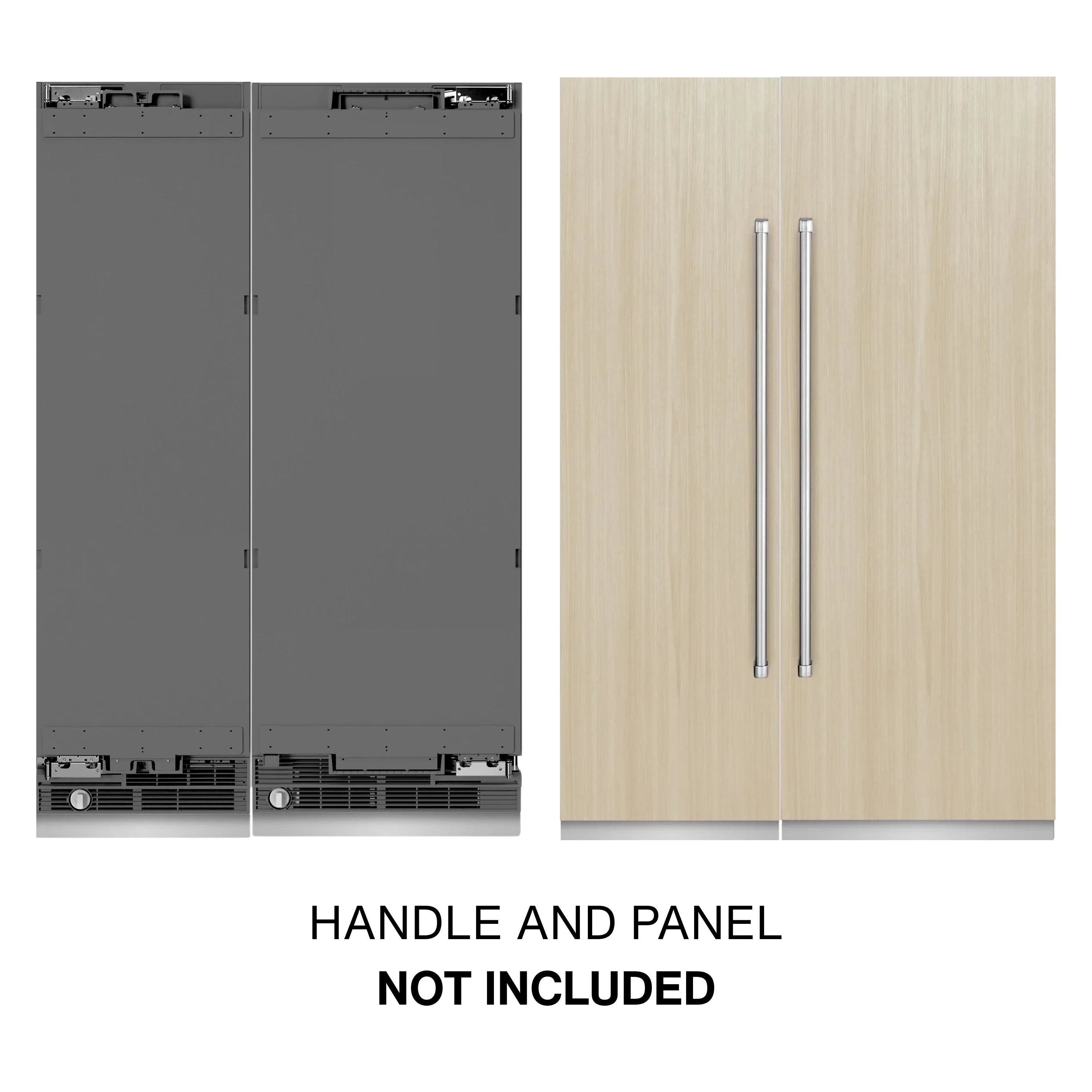 Panel-ready refrigerator and freezer with matching wood panel doors and vertical handles
