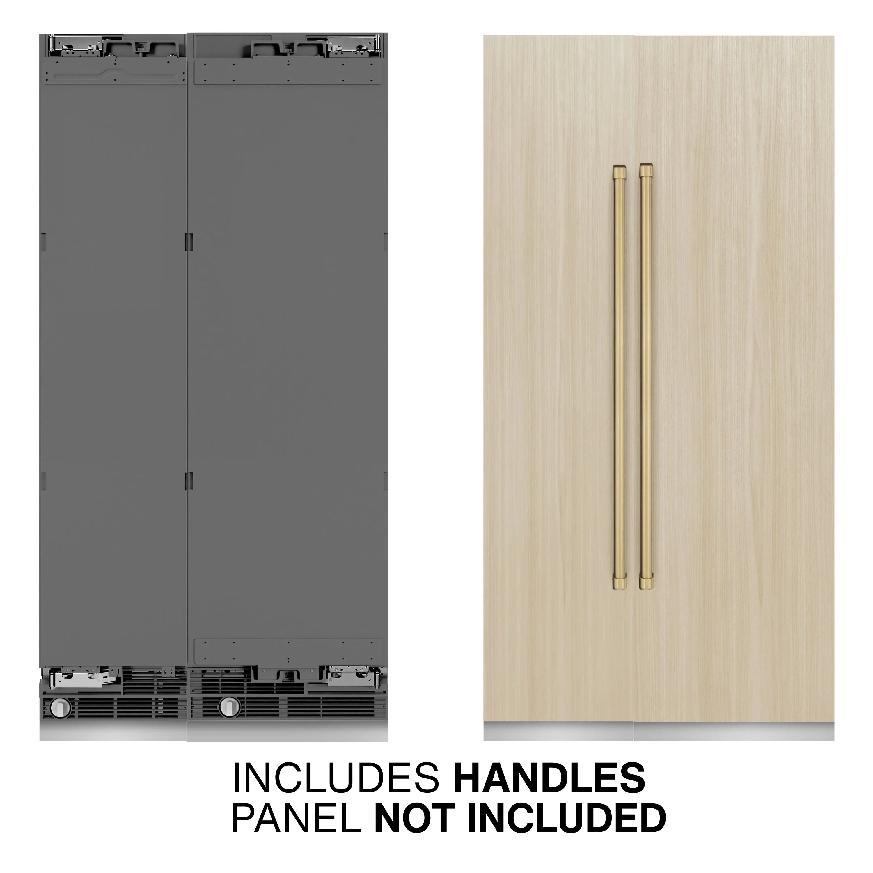 Panel-ready refrigerator freezer with light wood panel and champagne bronze handle rods