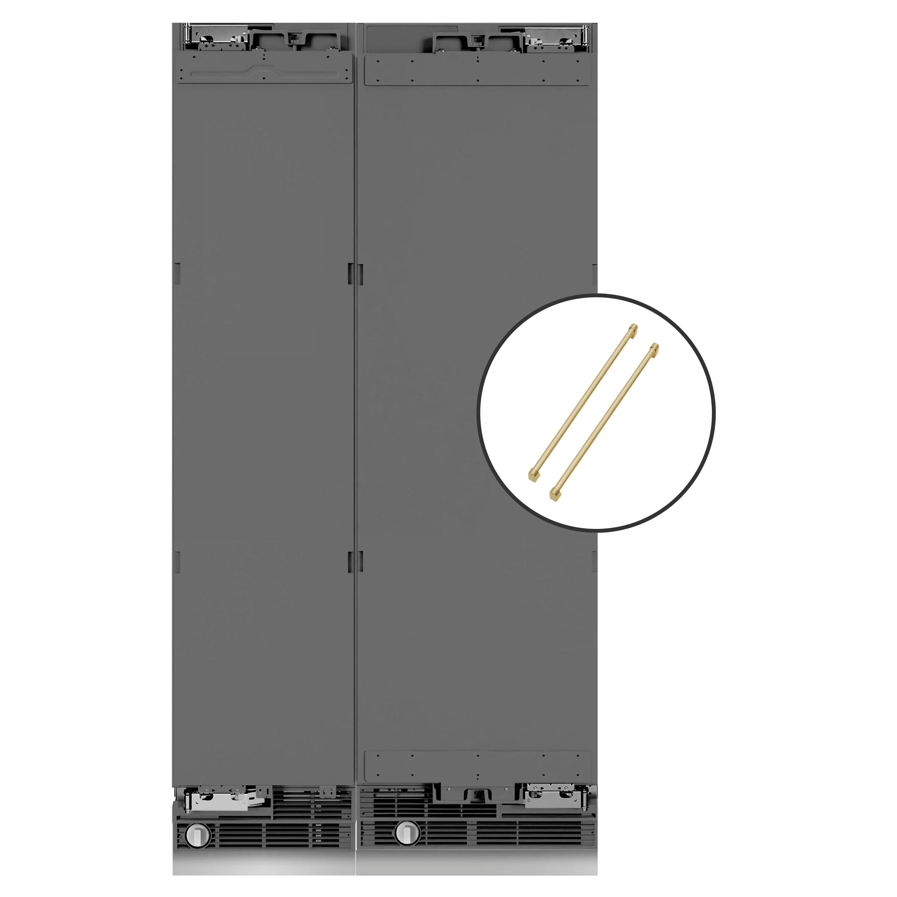 Panel-ready refrigerator freezer door frame with highlighted champagne bronze handle rods