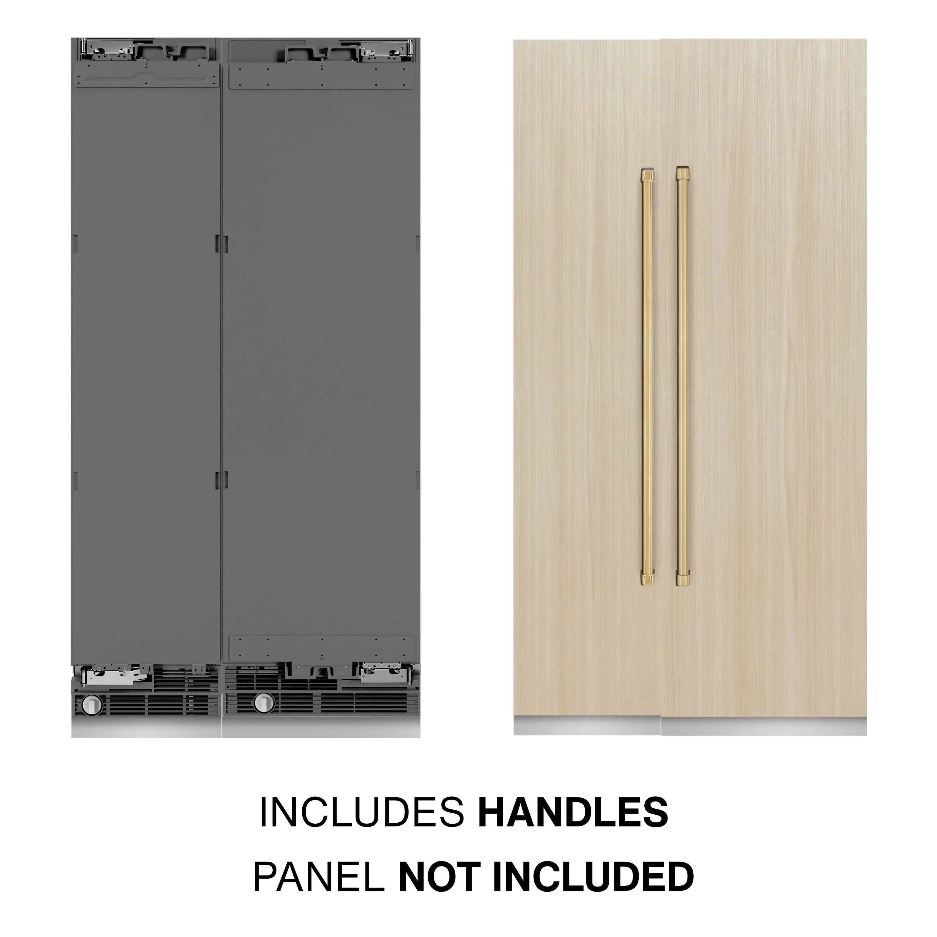 Panel-ready refrigerator and freezer unit with included handles; panel not included