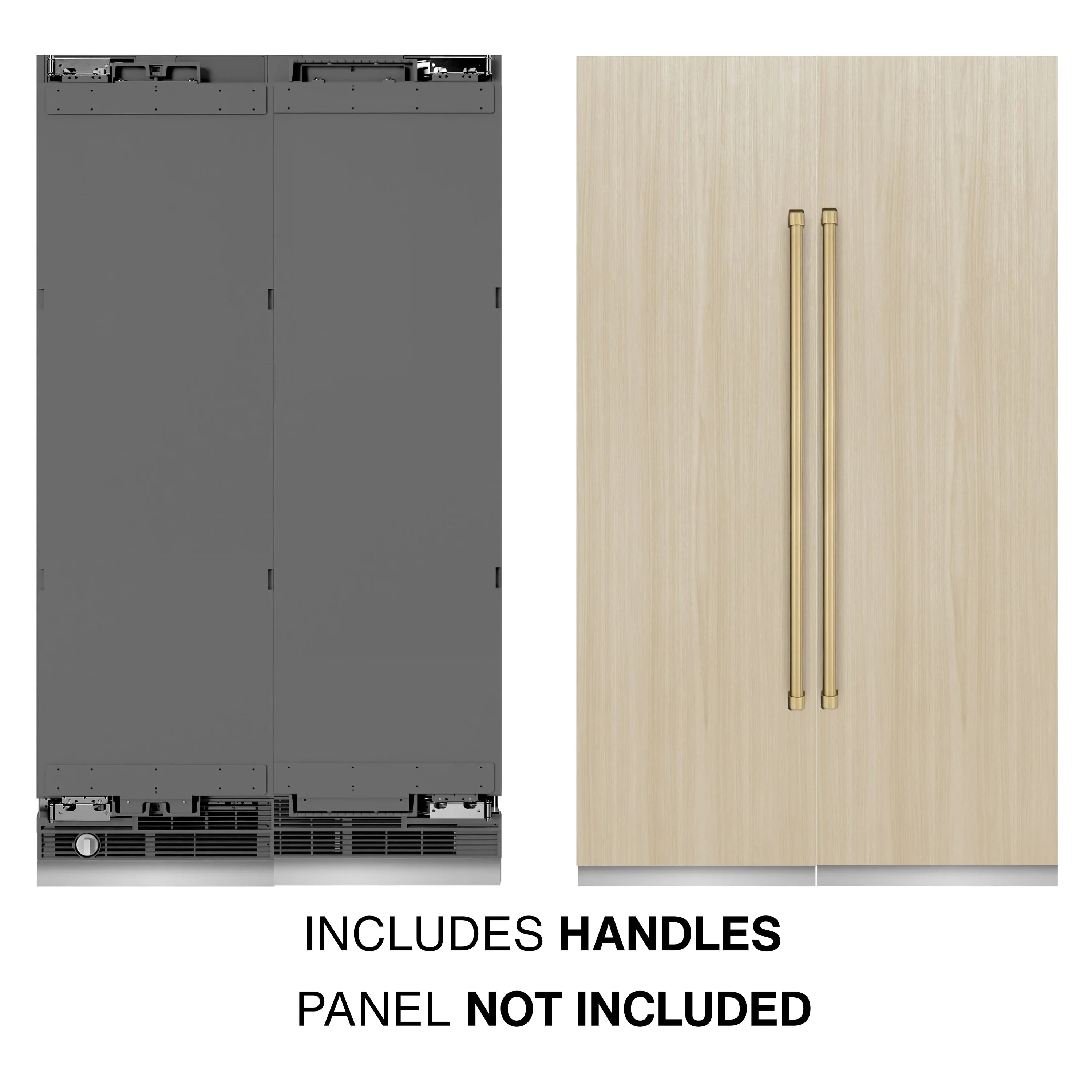 Panel-ready refrigerator and freezer with champagne bronze handles; wood panel not included
