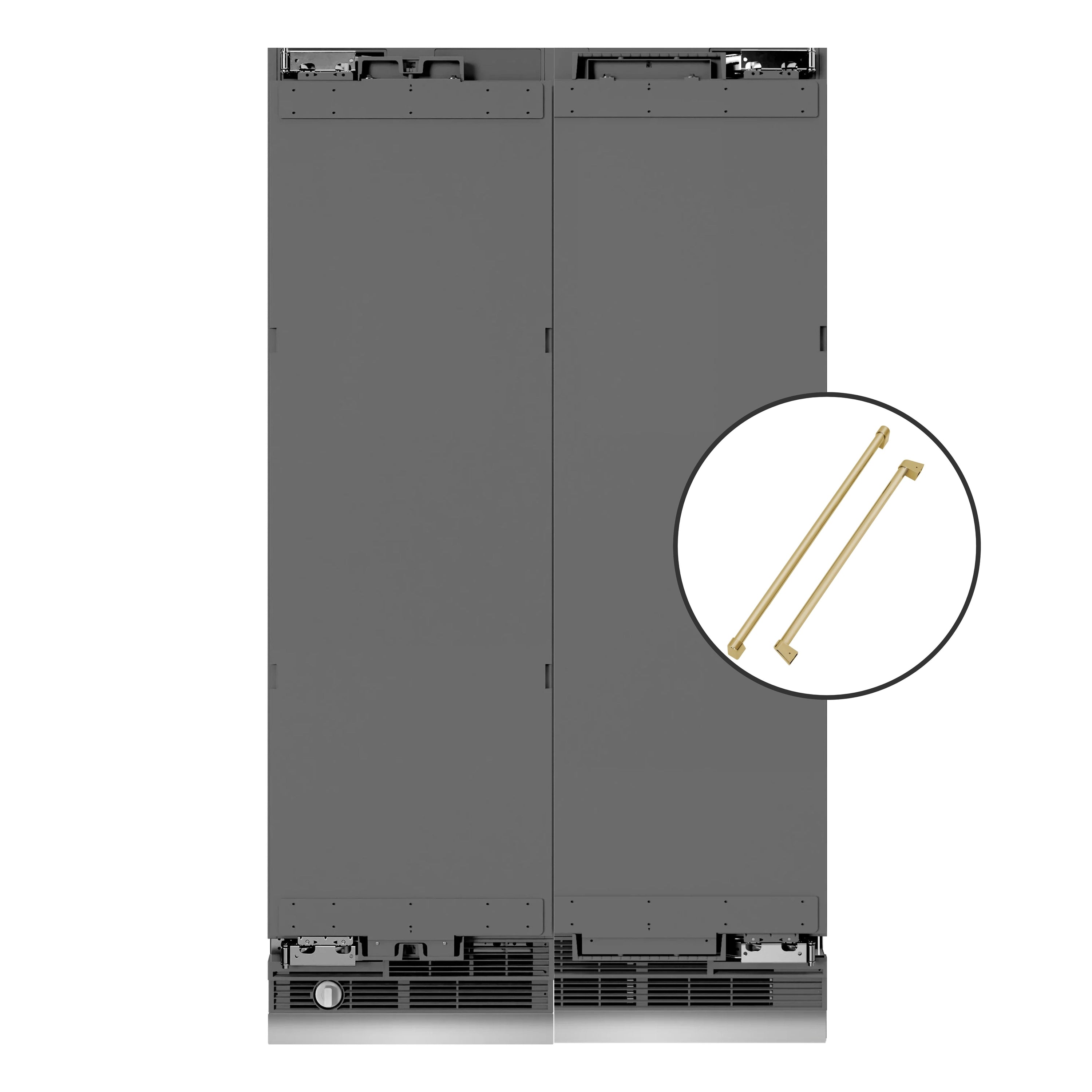 Panel-ready column refrigerator and freezer, dark cabinet with champagne bronze handle rails