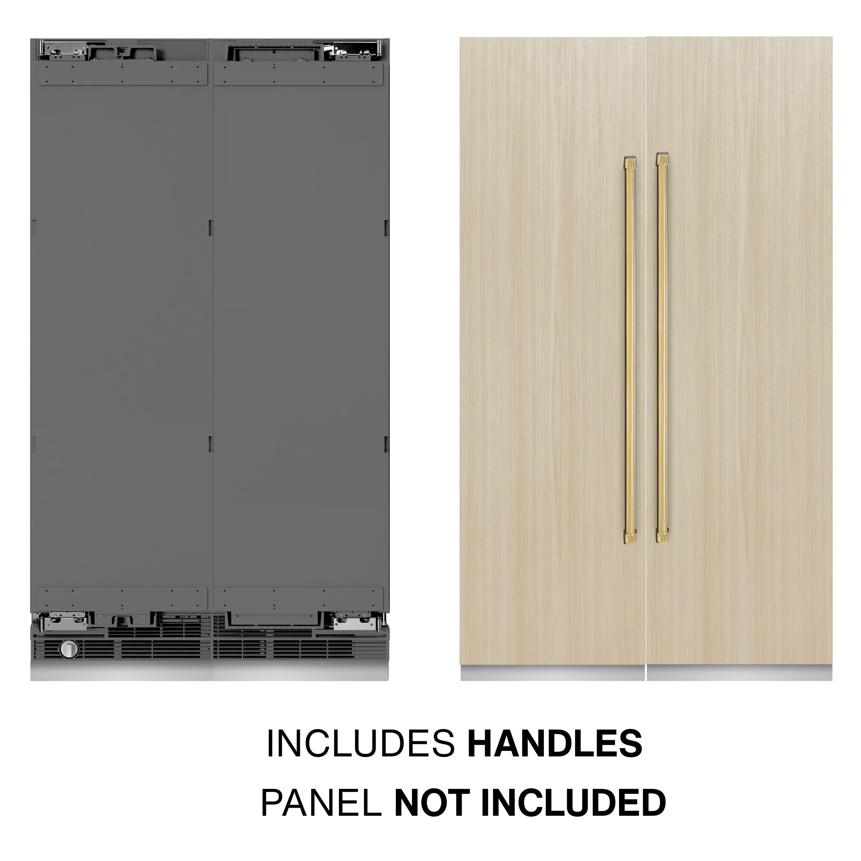 Panel-ready refrigerator-freezer with included handle rods and wood door panels shown