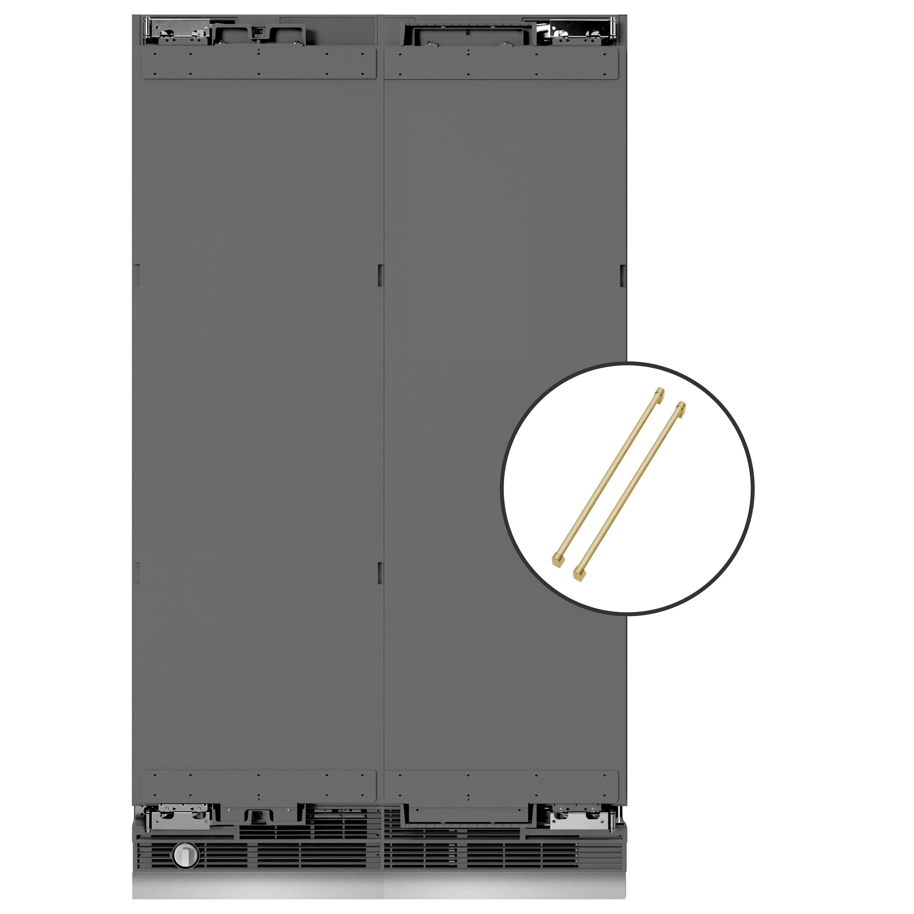 Panel-ready refrigerator-freezer back housing with included gold handle rods shown
