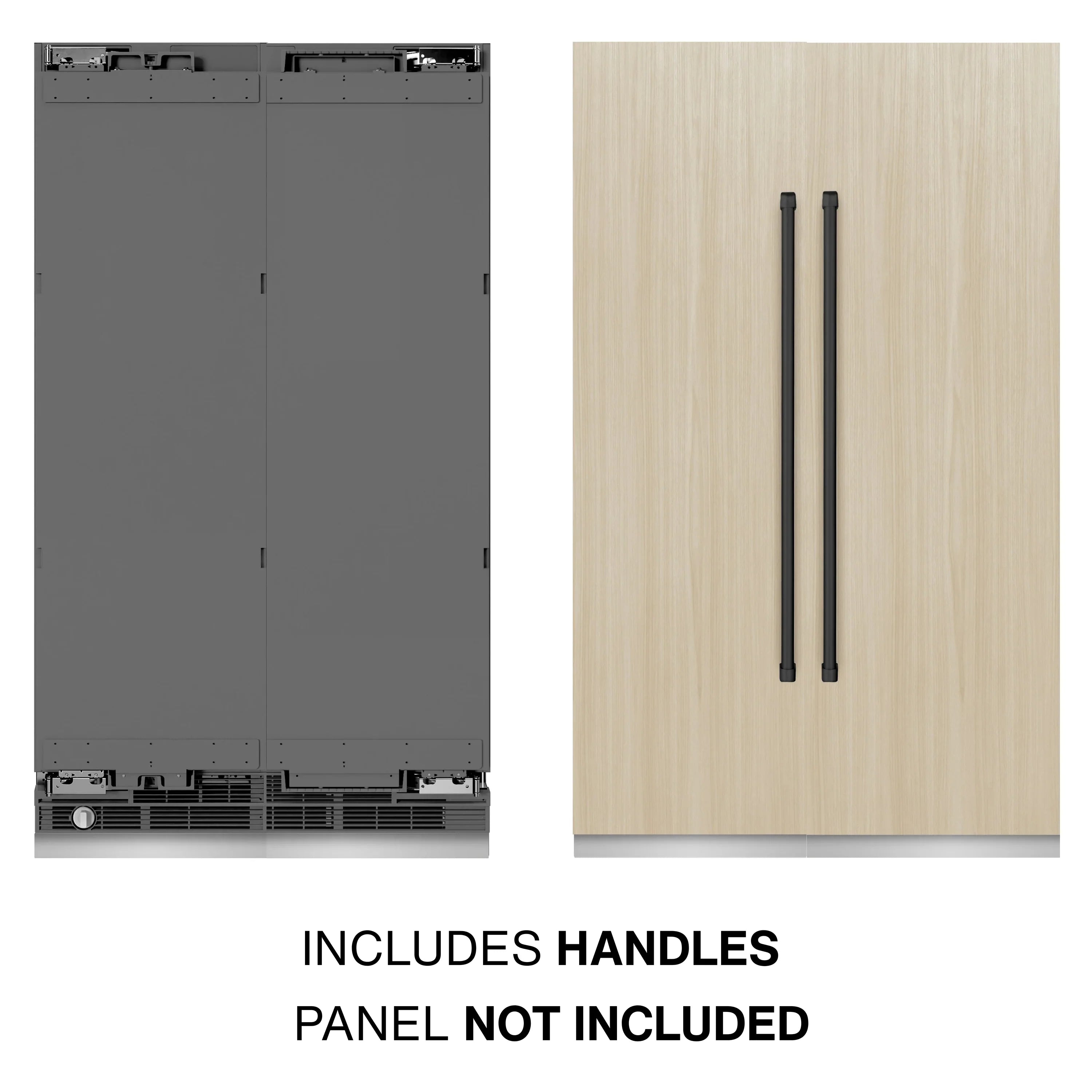 Panel-ready refrigerator-freezer with light wood door panels and handle bars