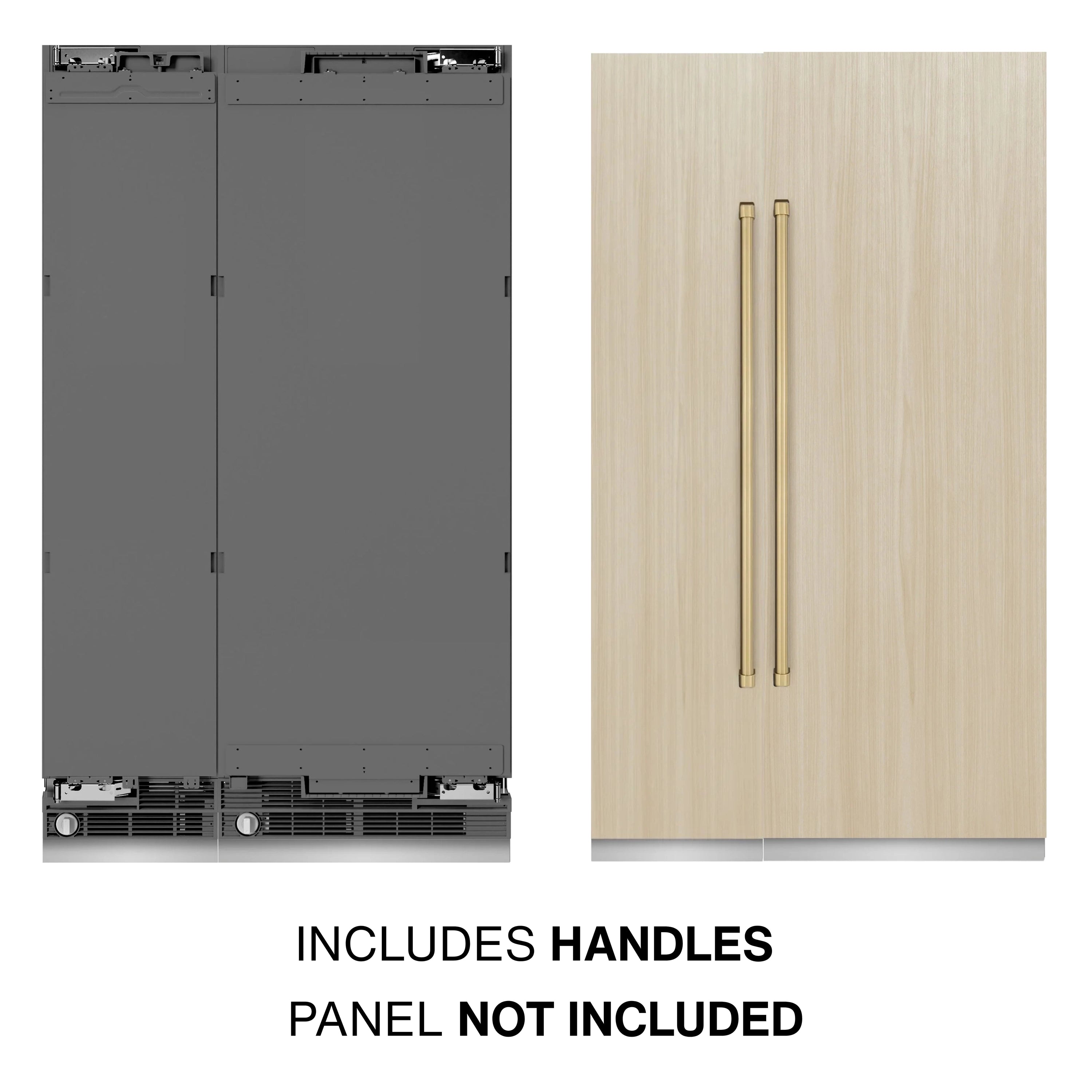 Panel-ready refrigerator front with two champagne bronze handles; panel not included
