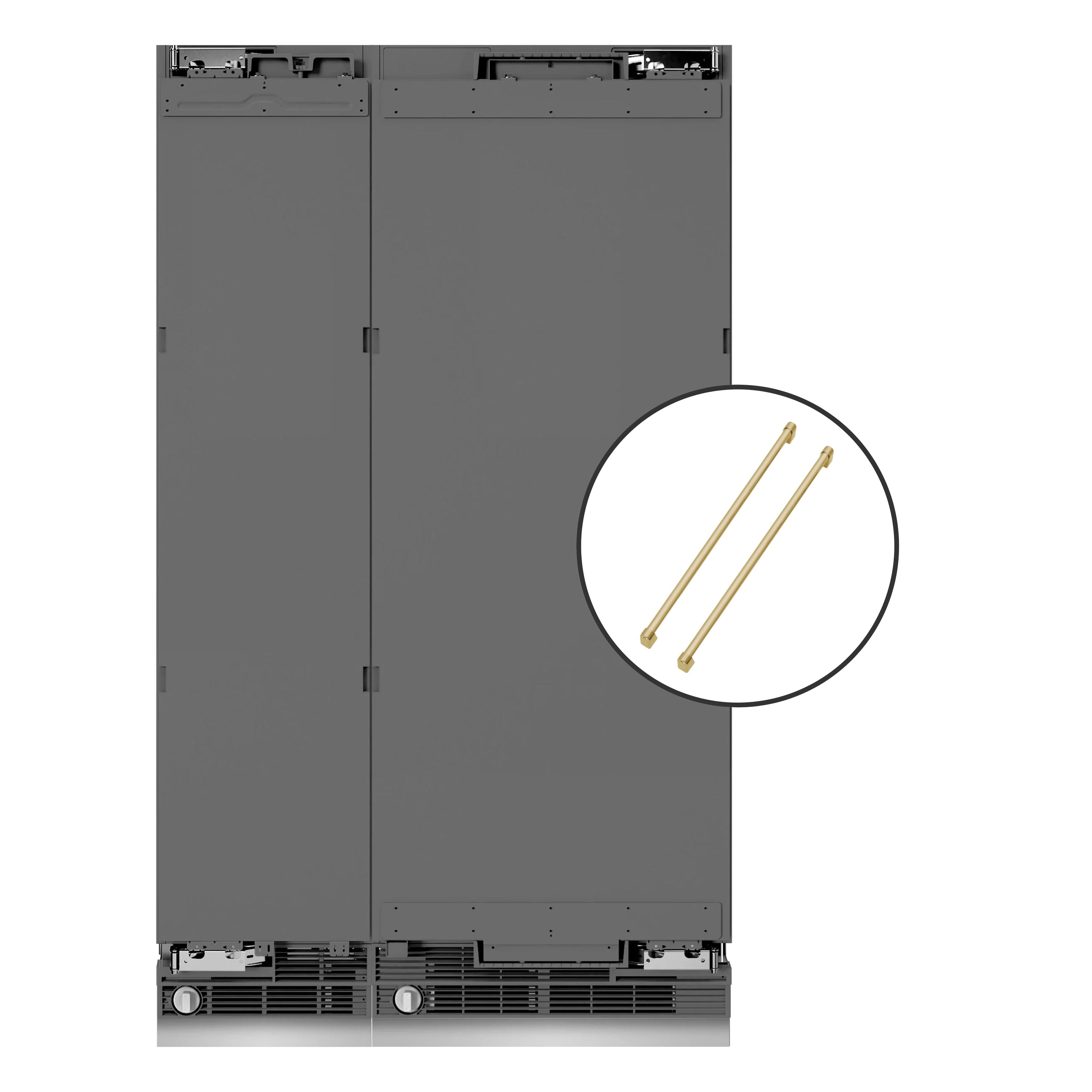 Panel-ready refrigerator front panels with inset illustration of champagne bronze handles
