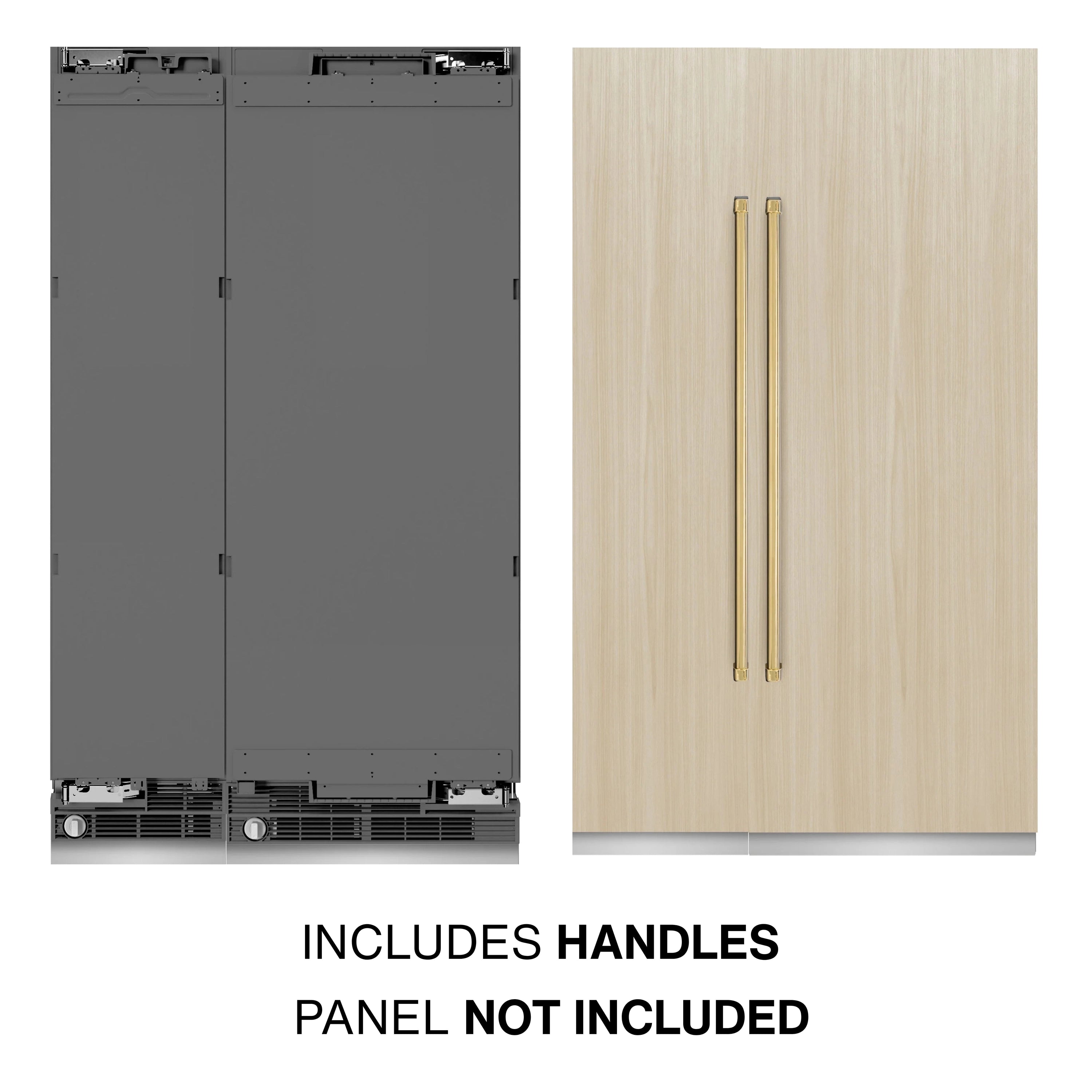 Panel-ready refrigerator and freezer with wood panel mockup and gold accent handles