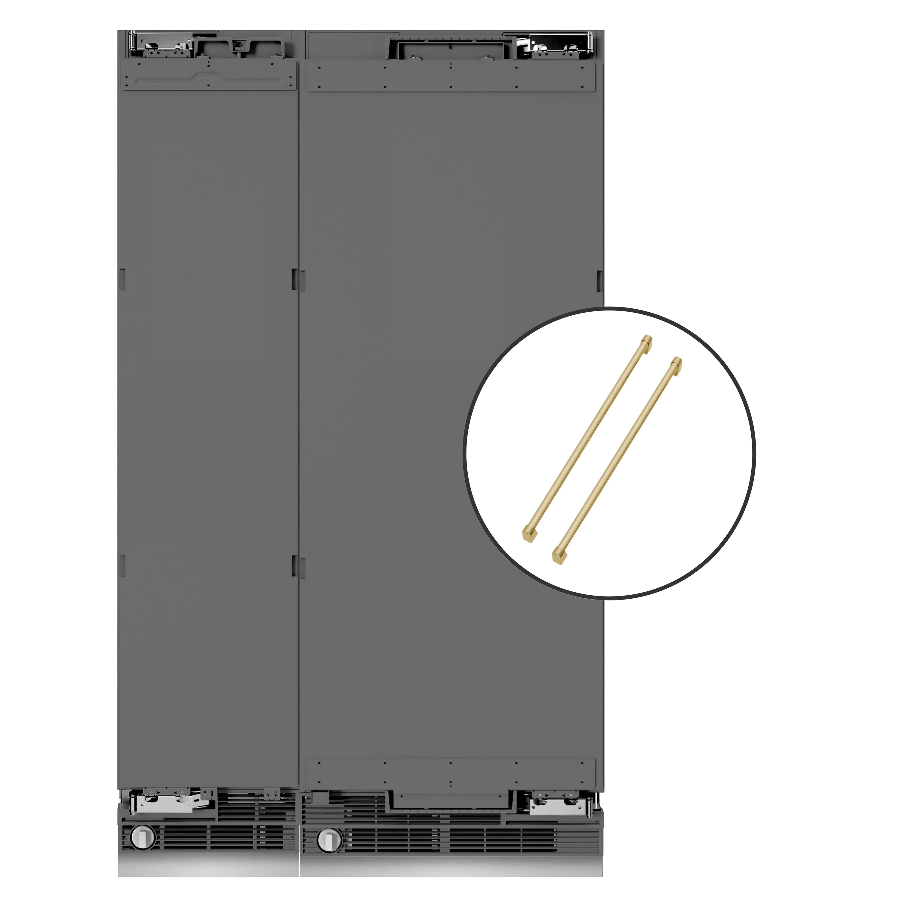 Panel-ready refrigerator and freezer cabinet back with two gold accent handle pieces