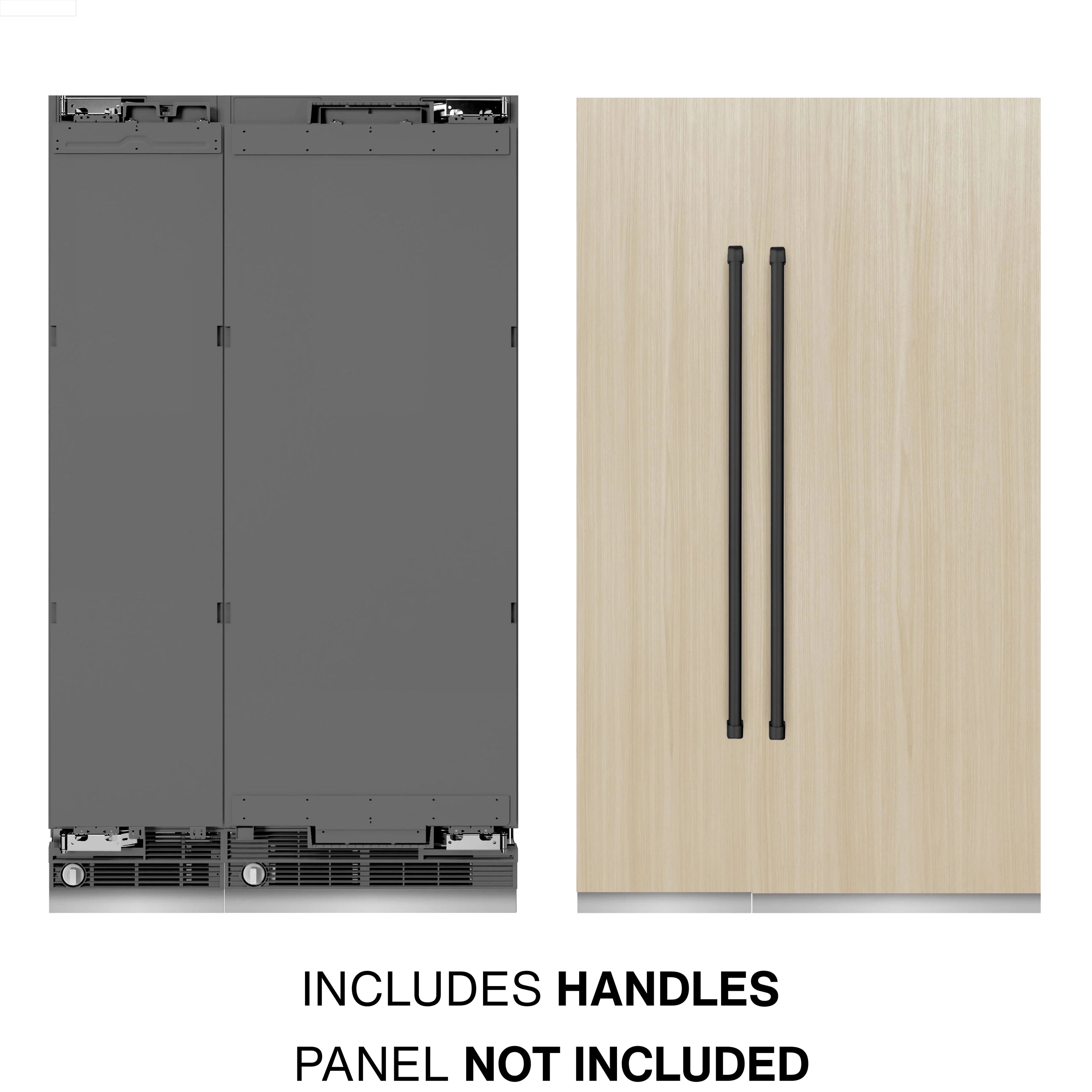 Panel-ready refrigerator setup showing light wood door and matte black handles