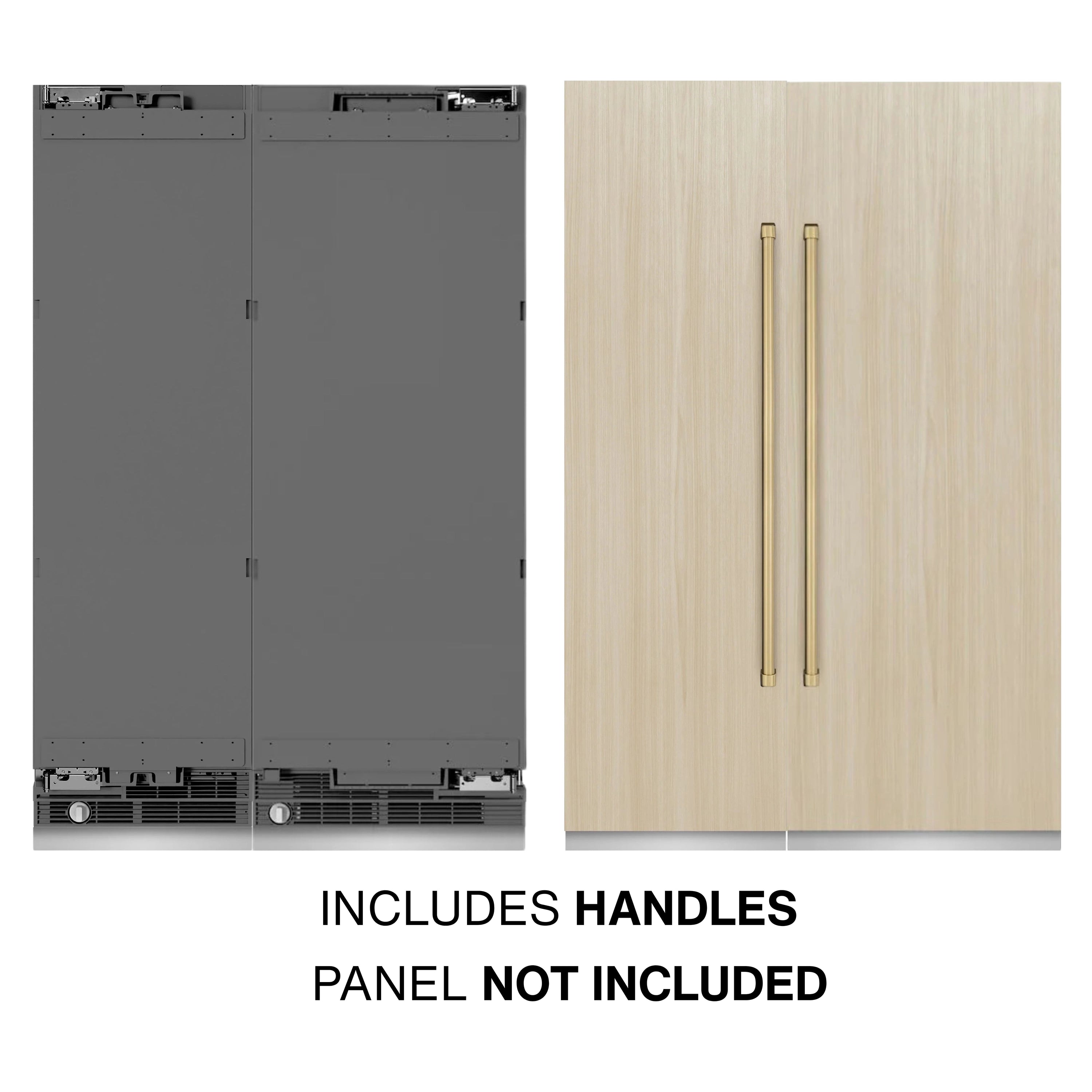 Panel-ready refrigerator/freezer rear view with included handles; panel not included