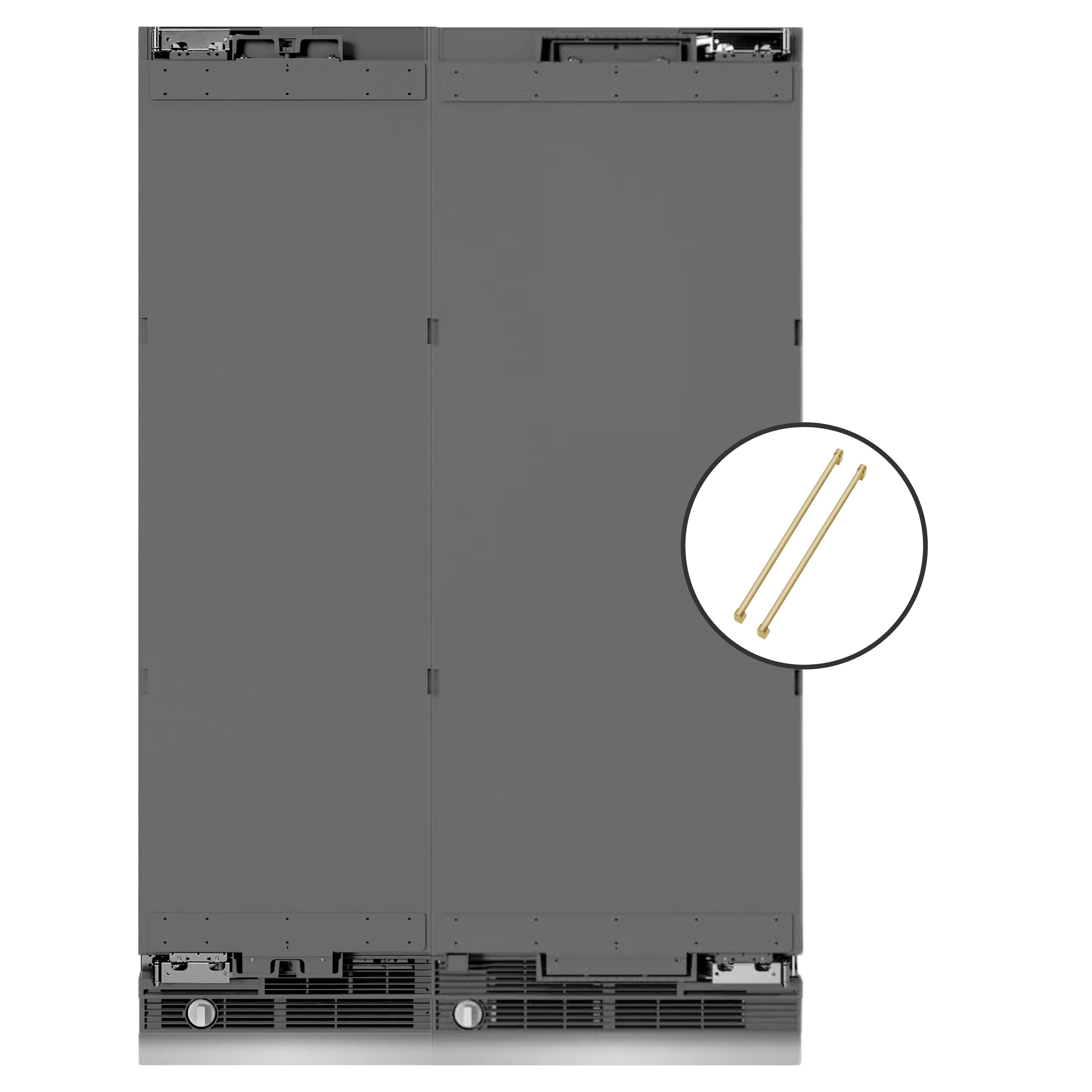 Panel-ready refrigerator/freezer with gold handle accents, door panel hardware visible