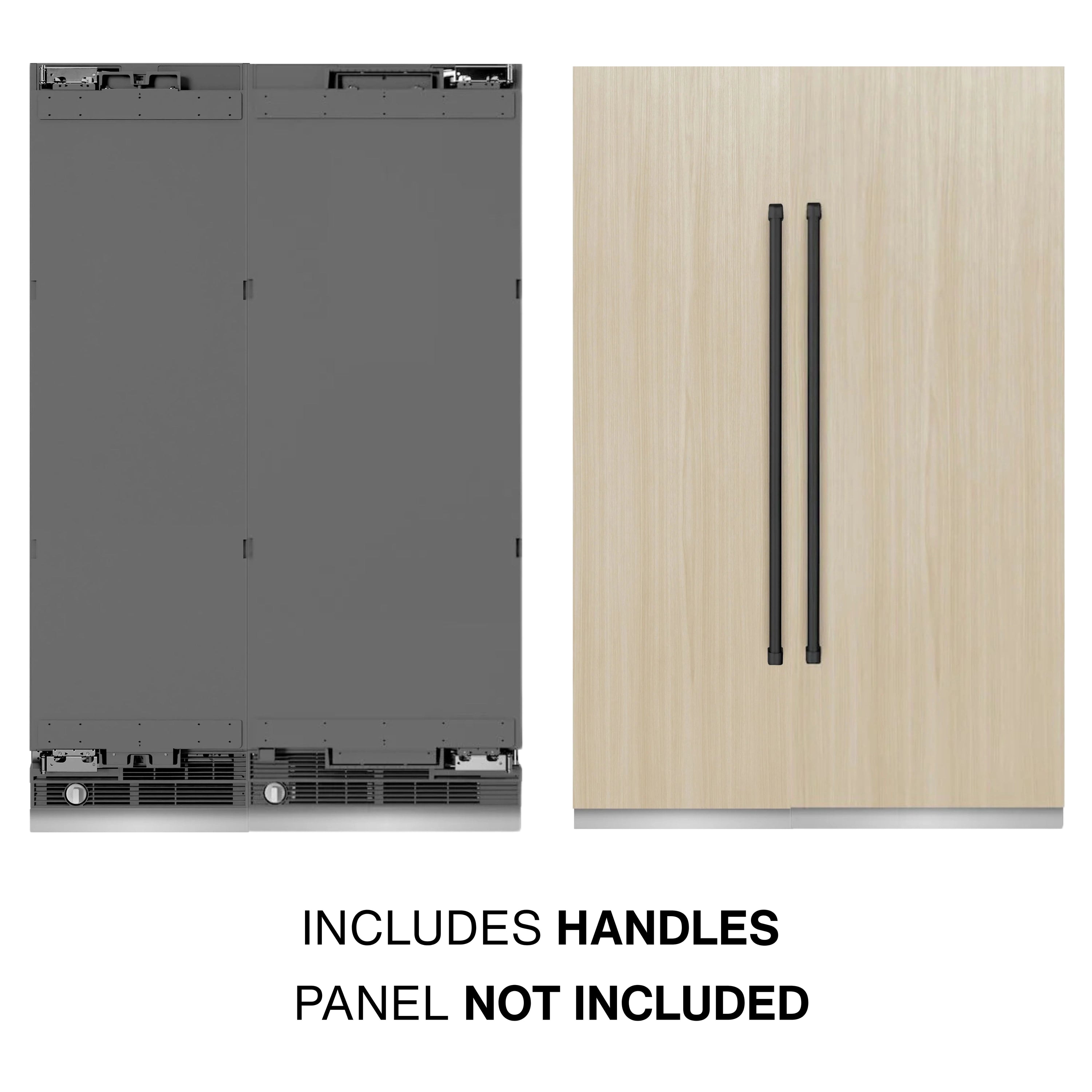 Panel-ready column refrigerator/freezer with light wood door panels and black handle bars