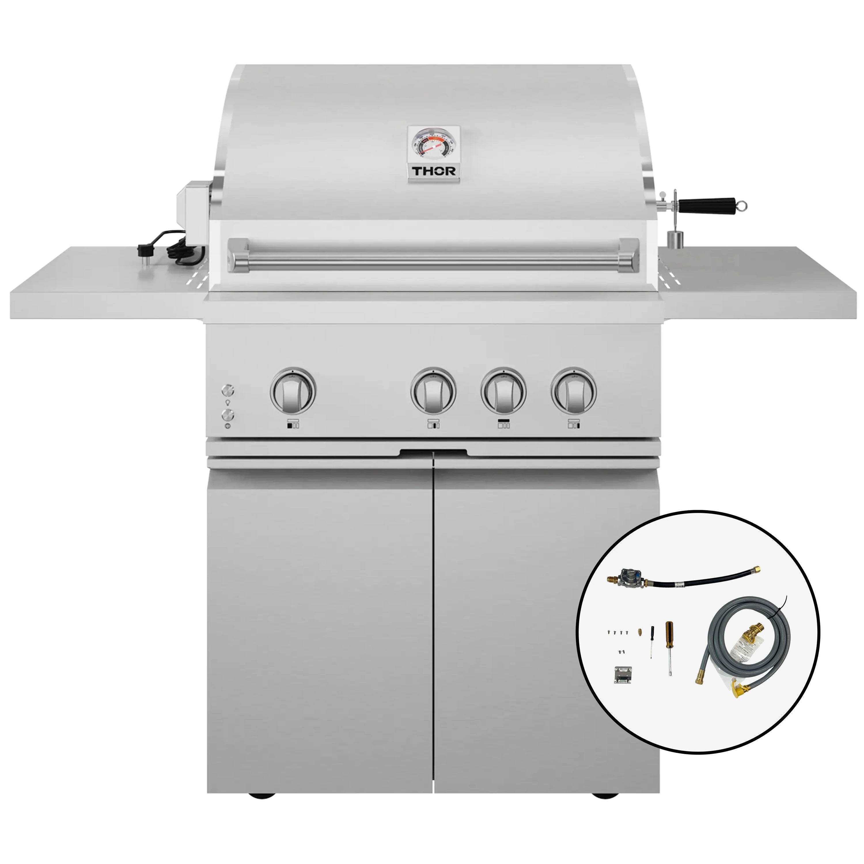 Stainless steel gas grill with burner knobs and gas kit shown in inset