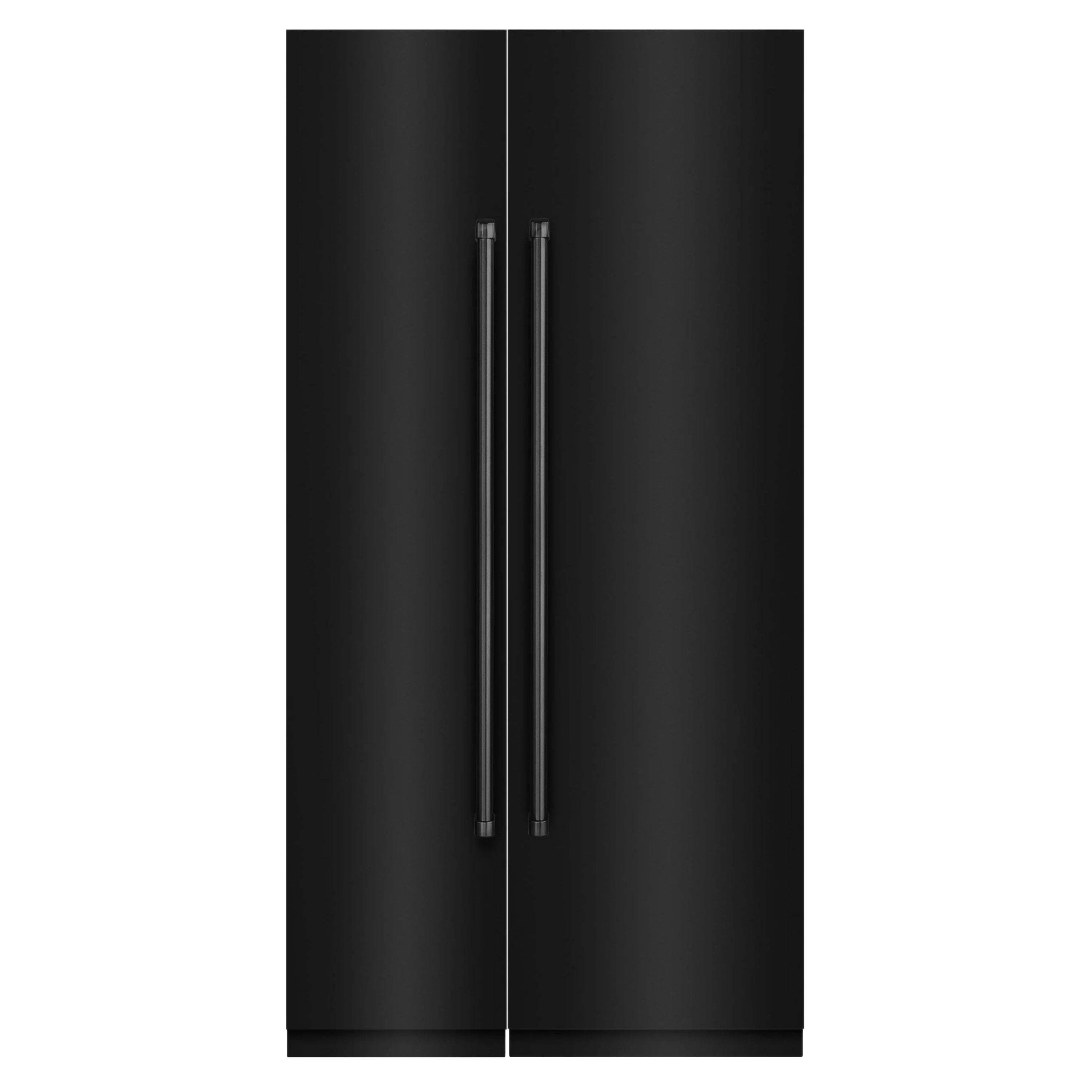 Black stainless steel refrigerator-freezer with double doors and vertical handles