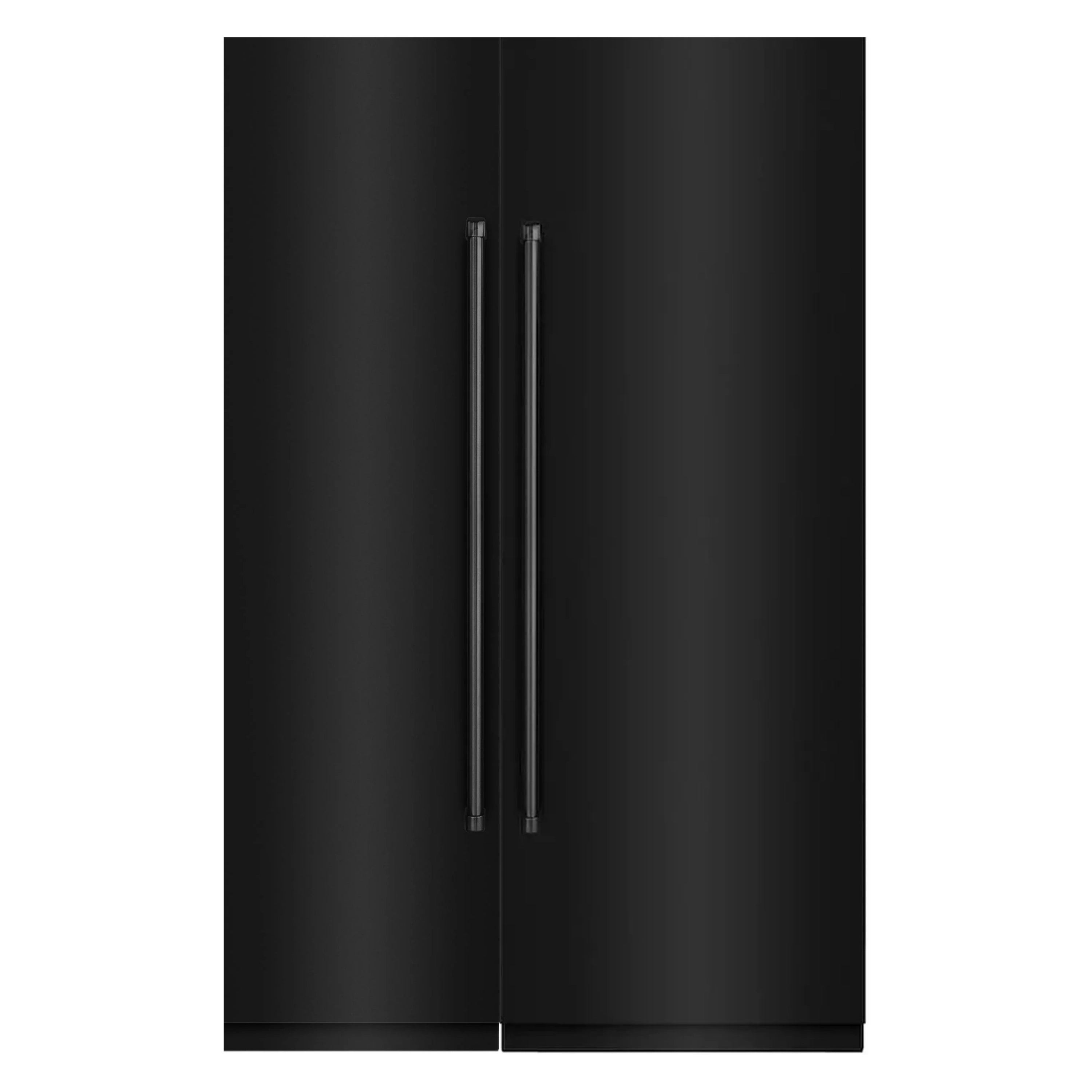 Black stainless double-door refrigerator exterior with vertical center handles