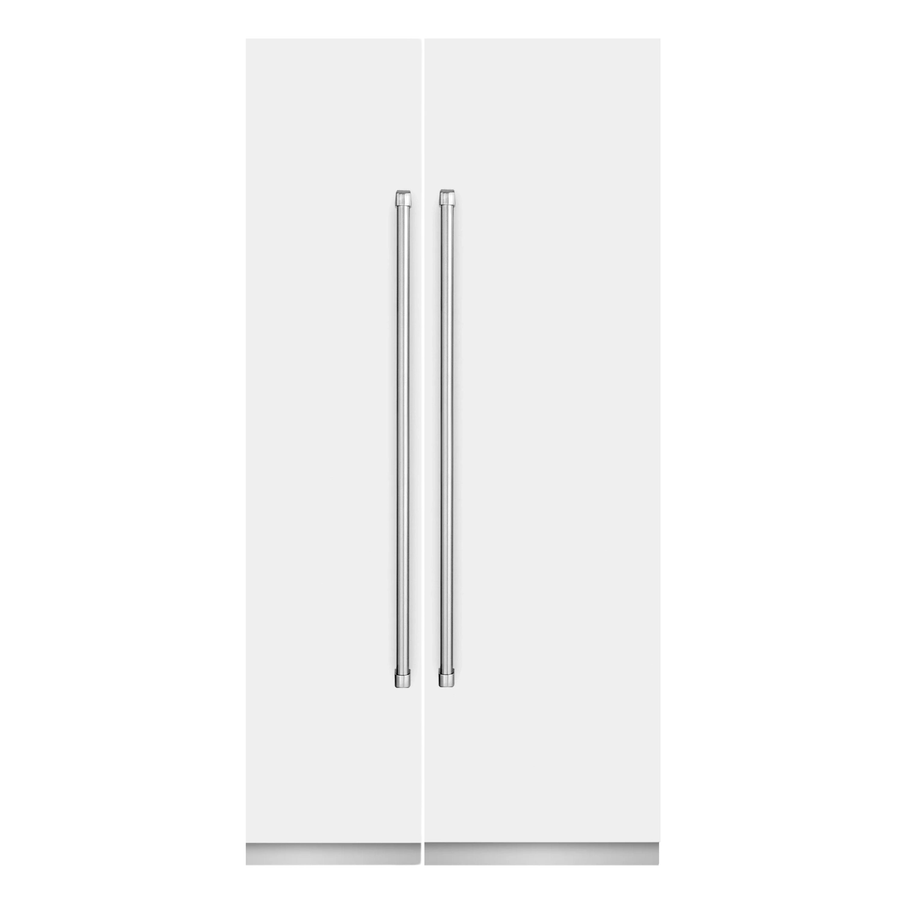White matte column refrigerator doors with stainless steel vertical handle bars