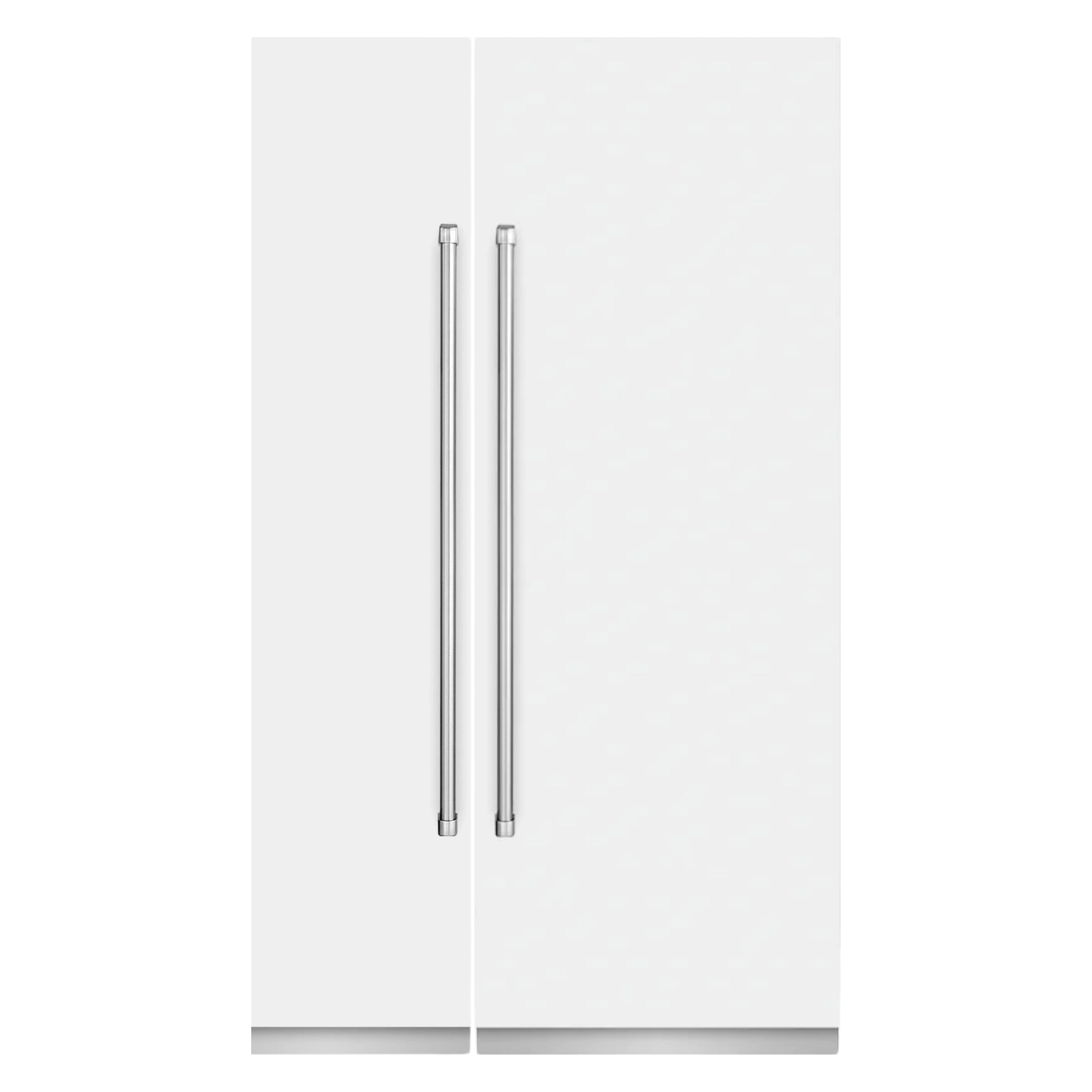 White matte refrigerator column with two vertical metal handles, cabinet doors closed