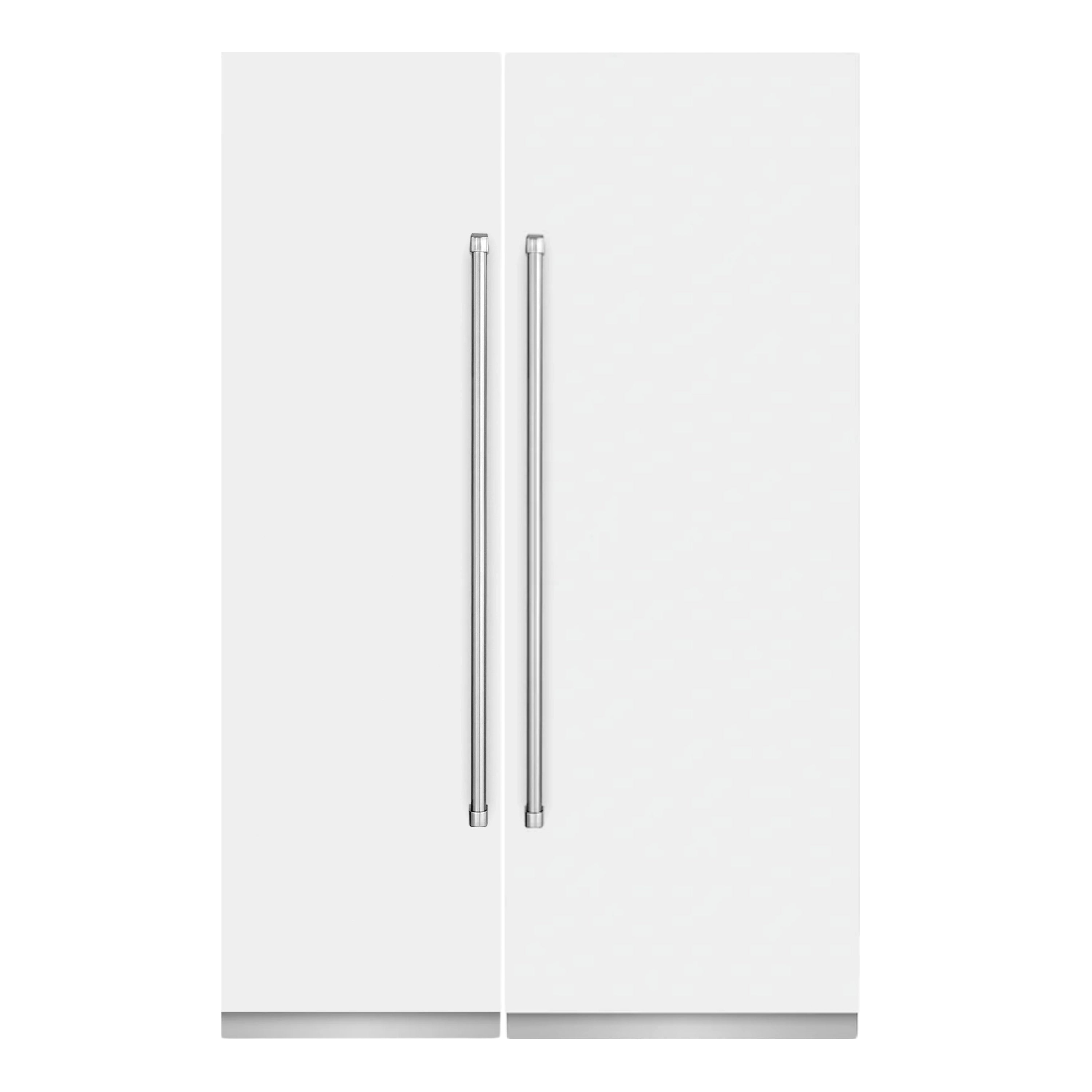 White two-door column refrigerator with vertical stainless handles and center seam