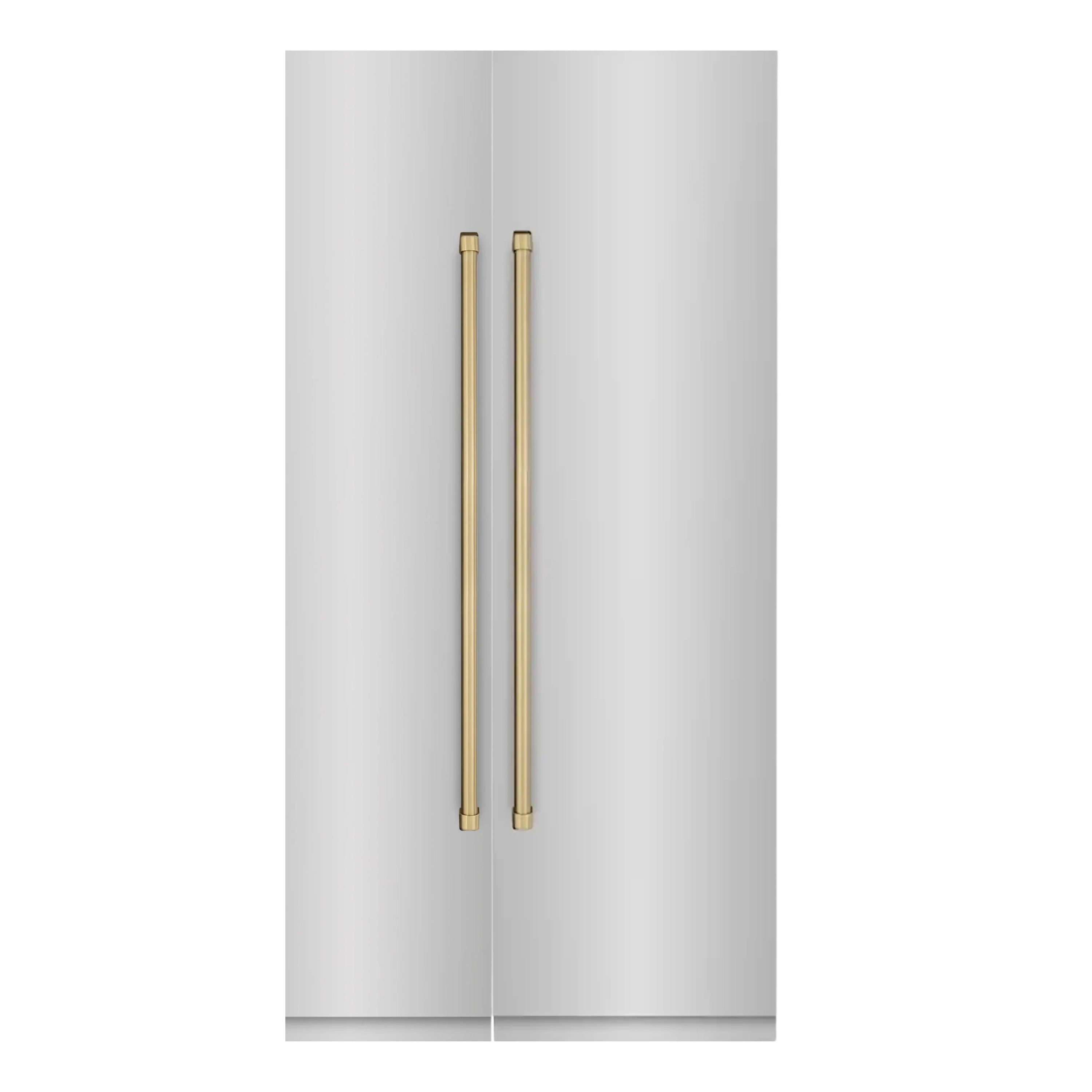 Stainless steel refrigerator door with two champagne bronze vertical handles