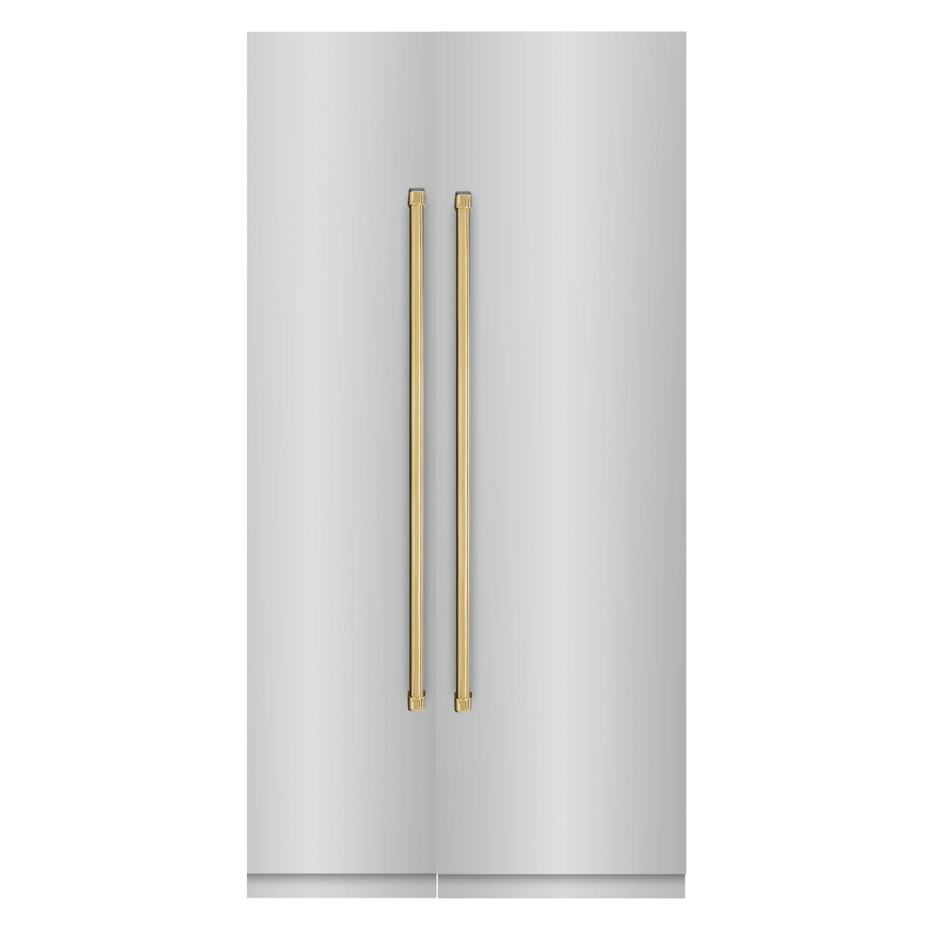 Stainless steel refrigerator with tall gold bar handles