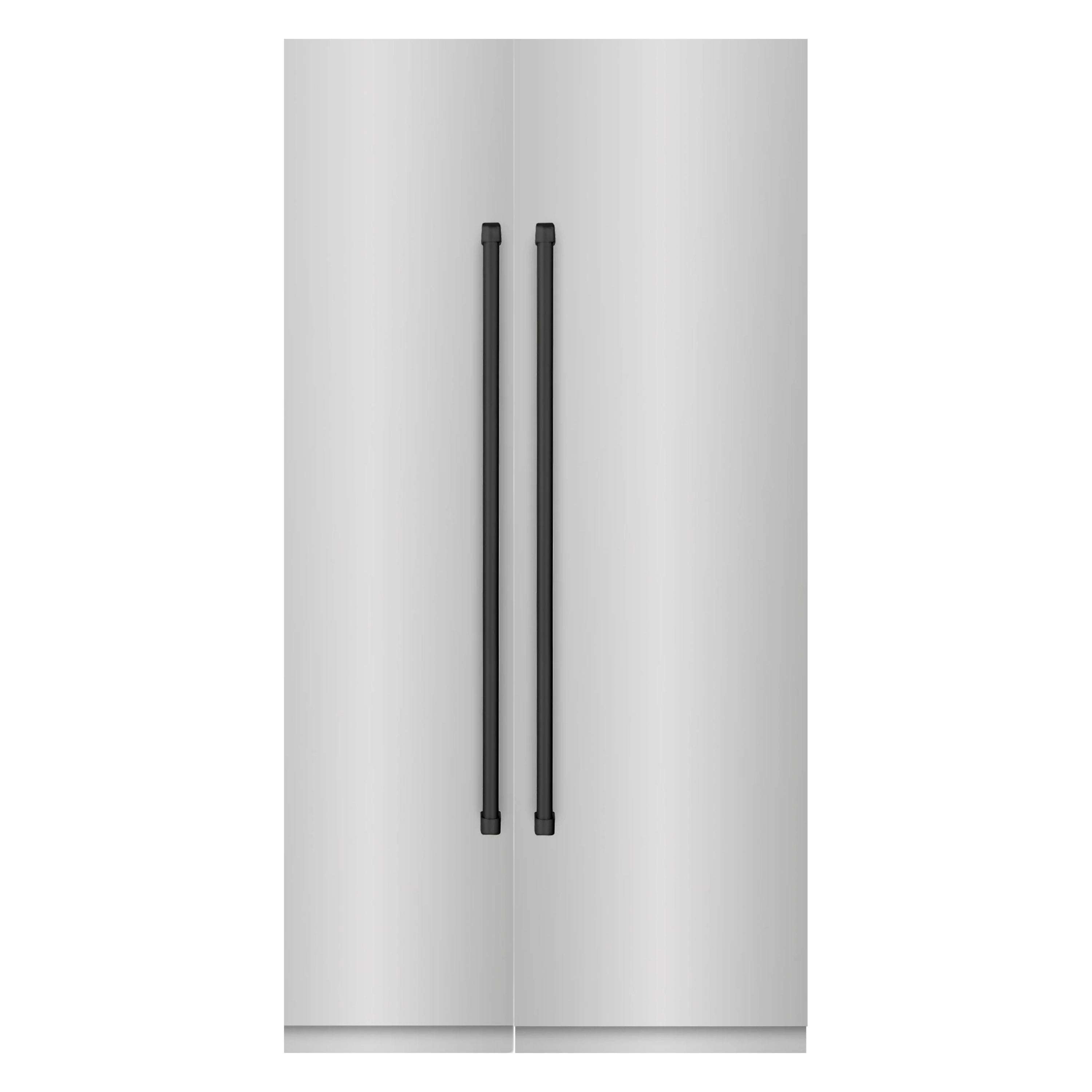 Stainless steel refrigerator door with vertical matte black handles