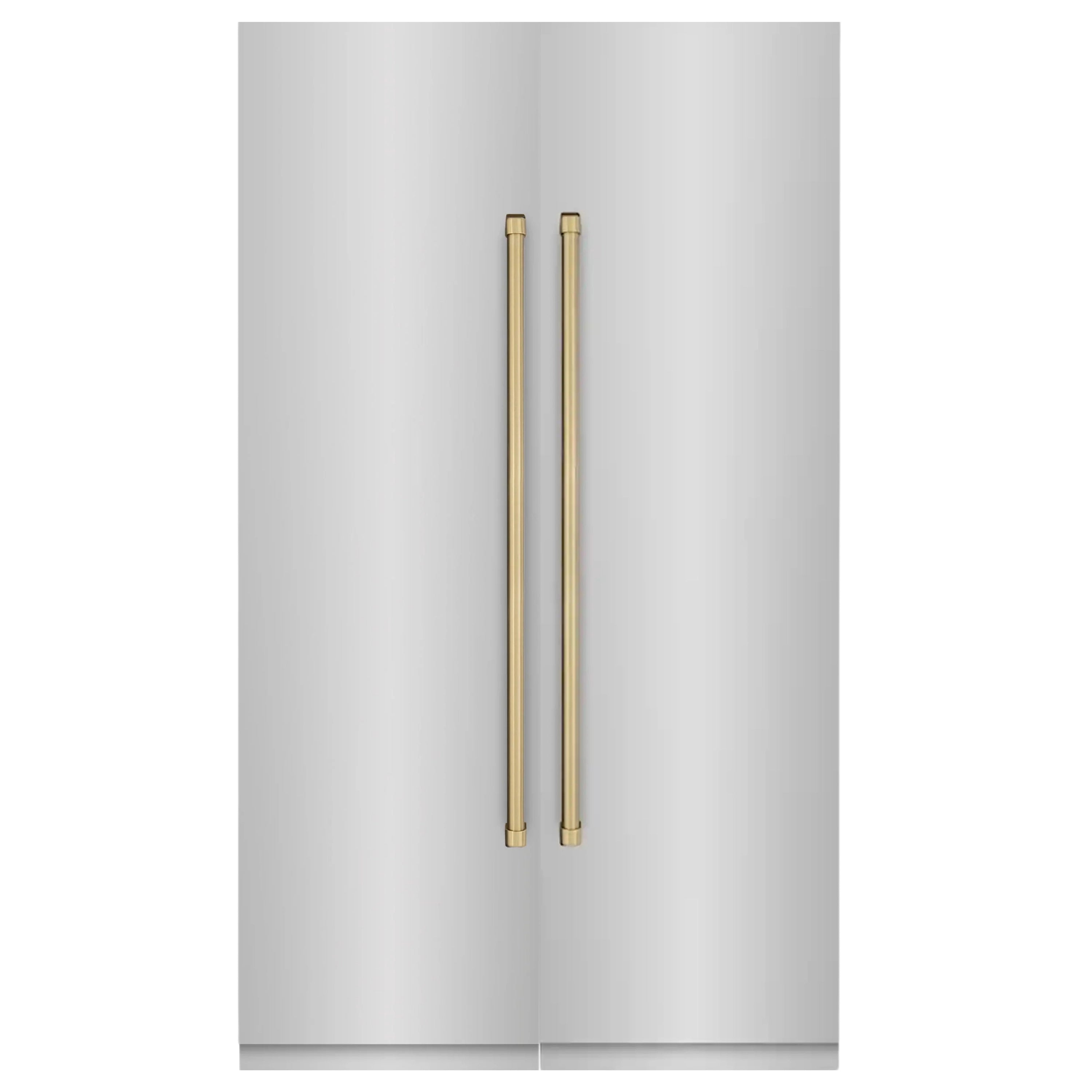 Stainless steel refrigerator front with two vertical champagne bronze handles