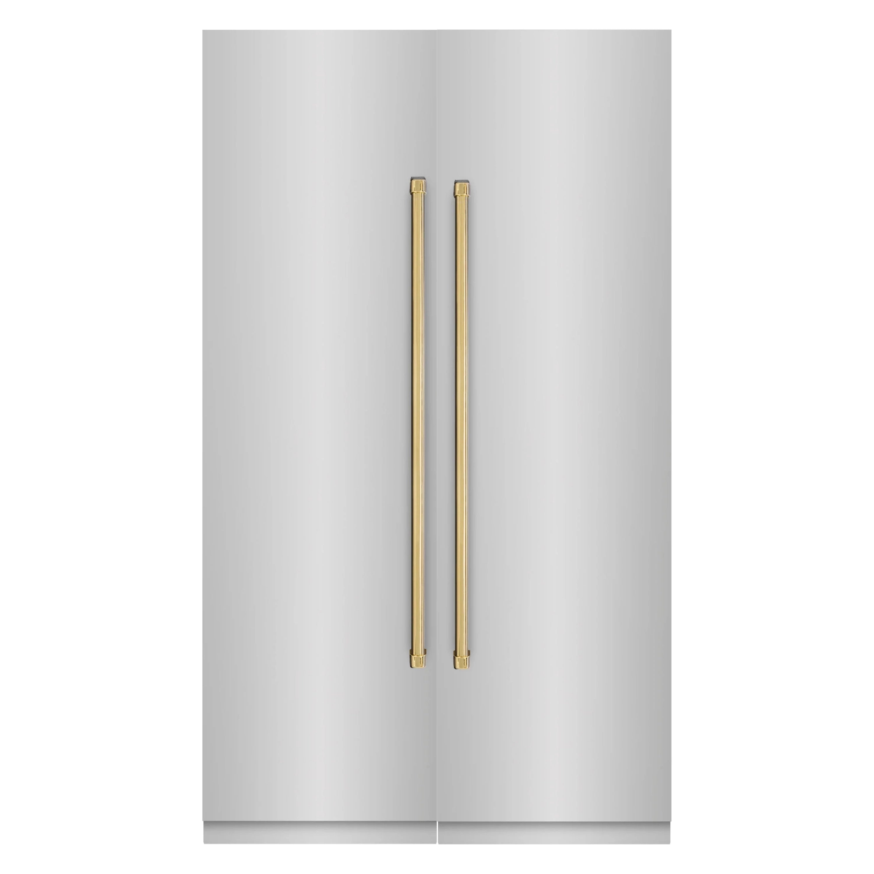 Two slim gold refrigerator handles on a white door panel