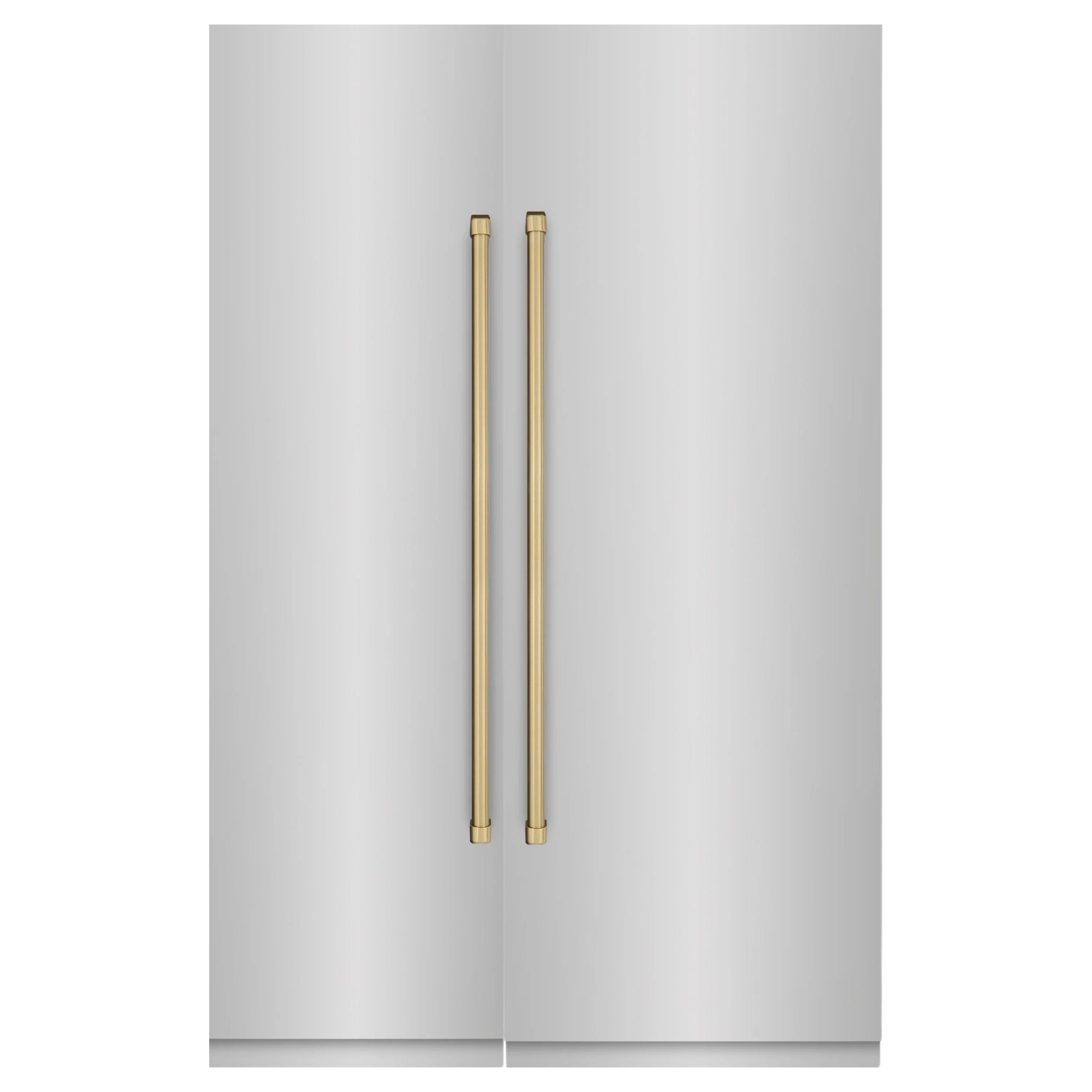 Stainless steel refrigerator doors with two champagne-bronze vertical handles