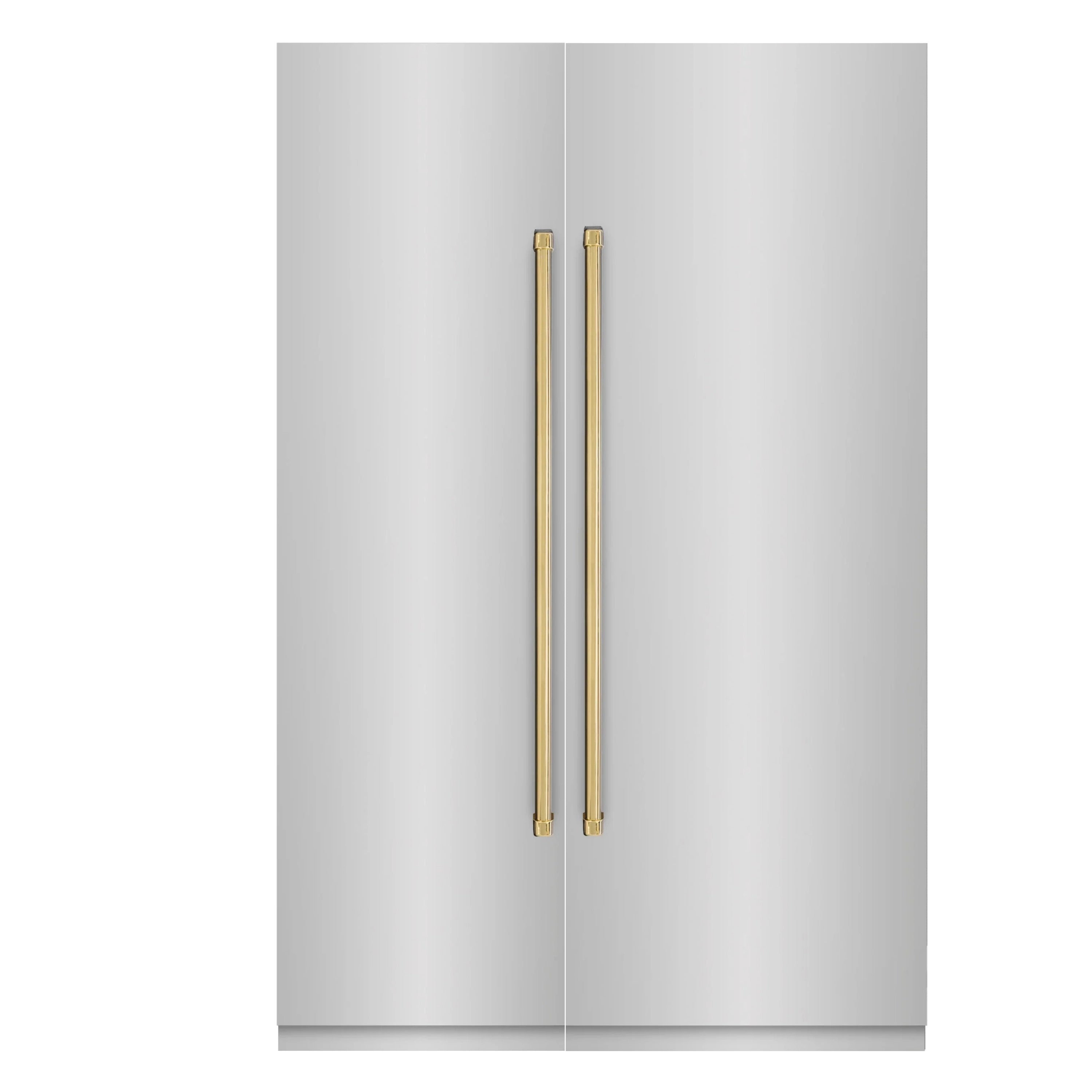 Stainless refrigerator doors with two vertical polished gold handles