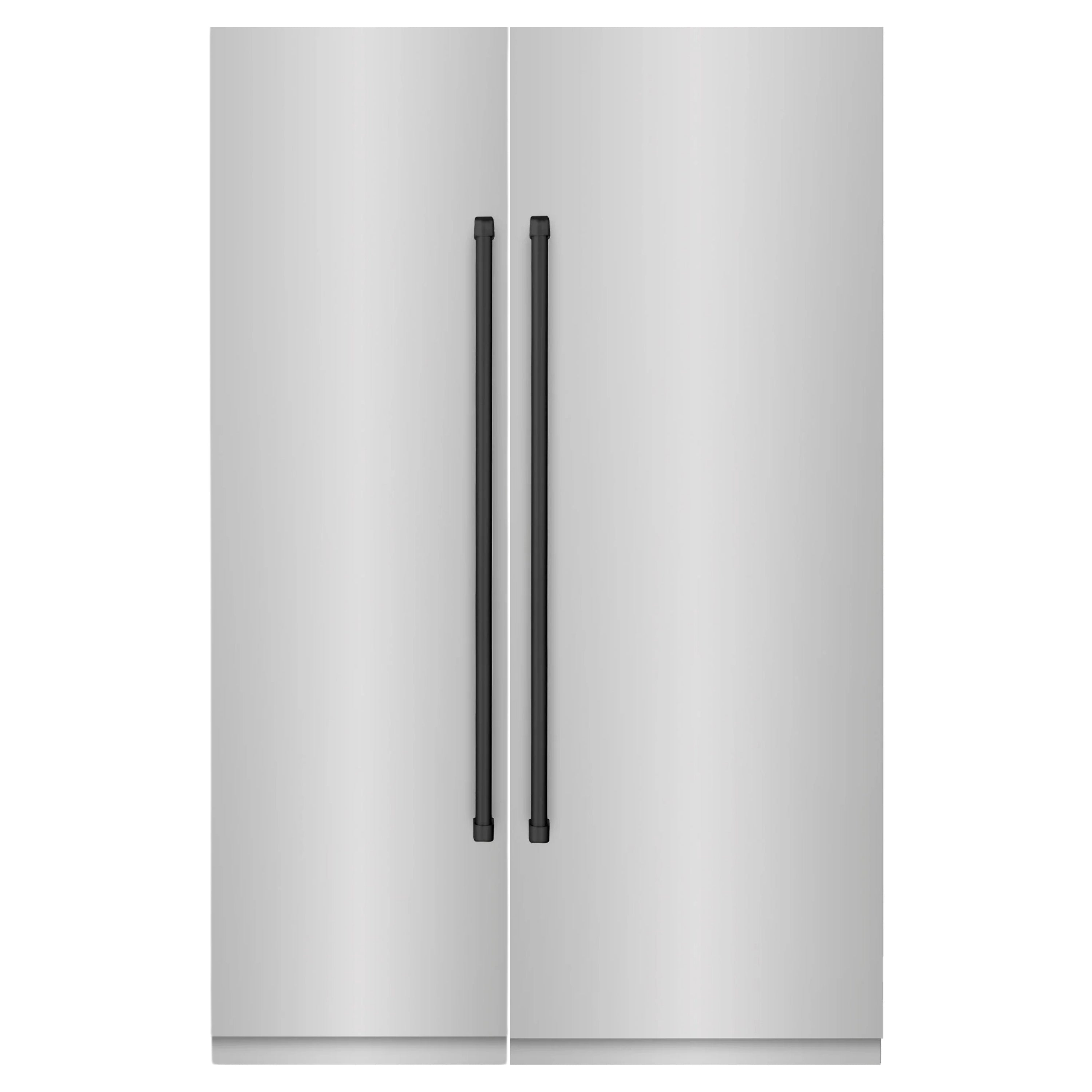 Stainless steel refrigerator/freezer with matte black vertical bar handles