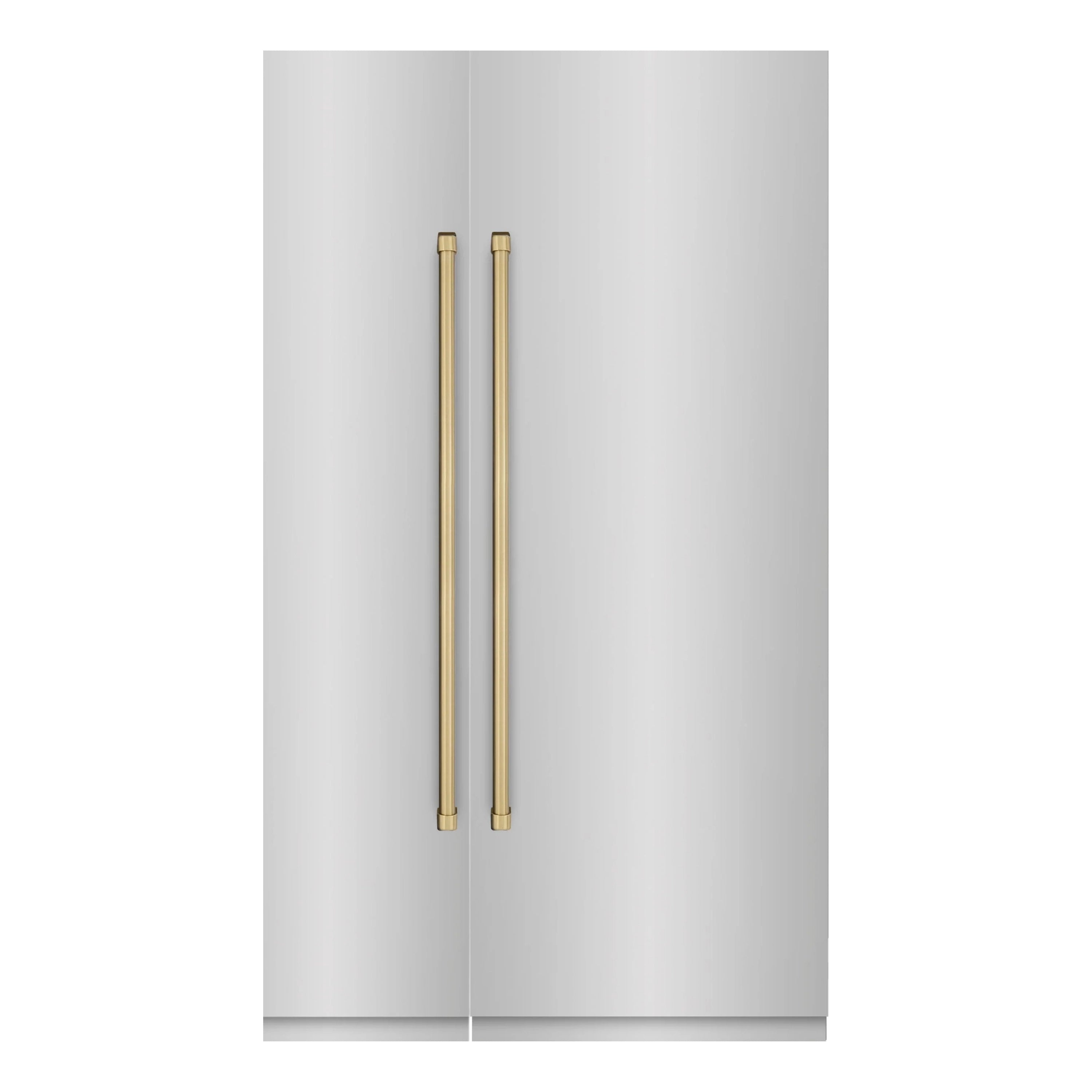 Stainless steel refrigerator doors with two champagne bronze handle pulls