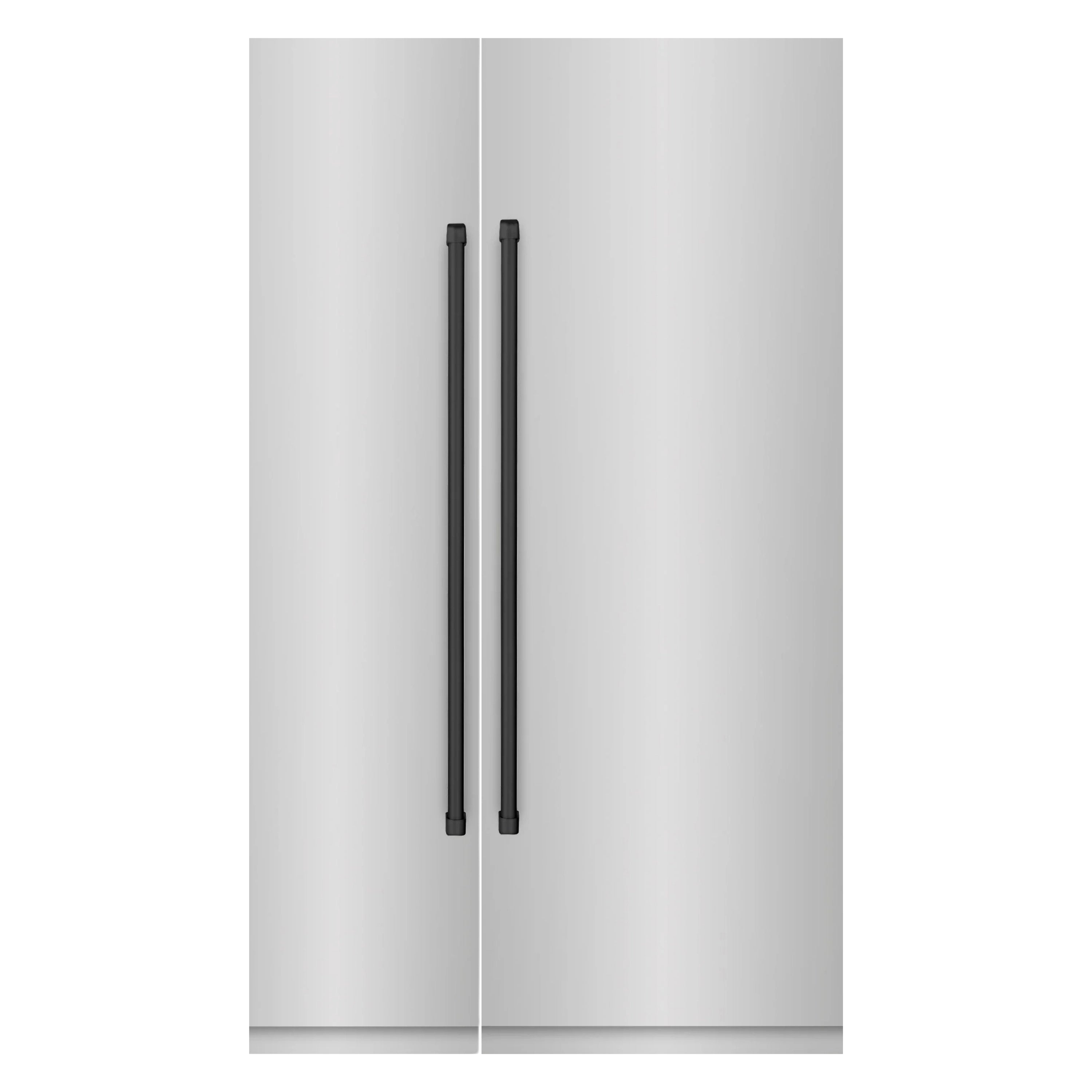 Stainless steel refrigerator doors with two matte black vertical handles