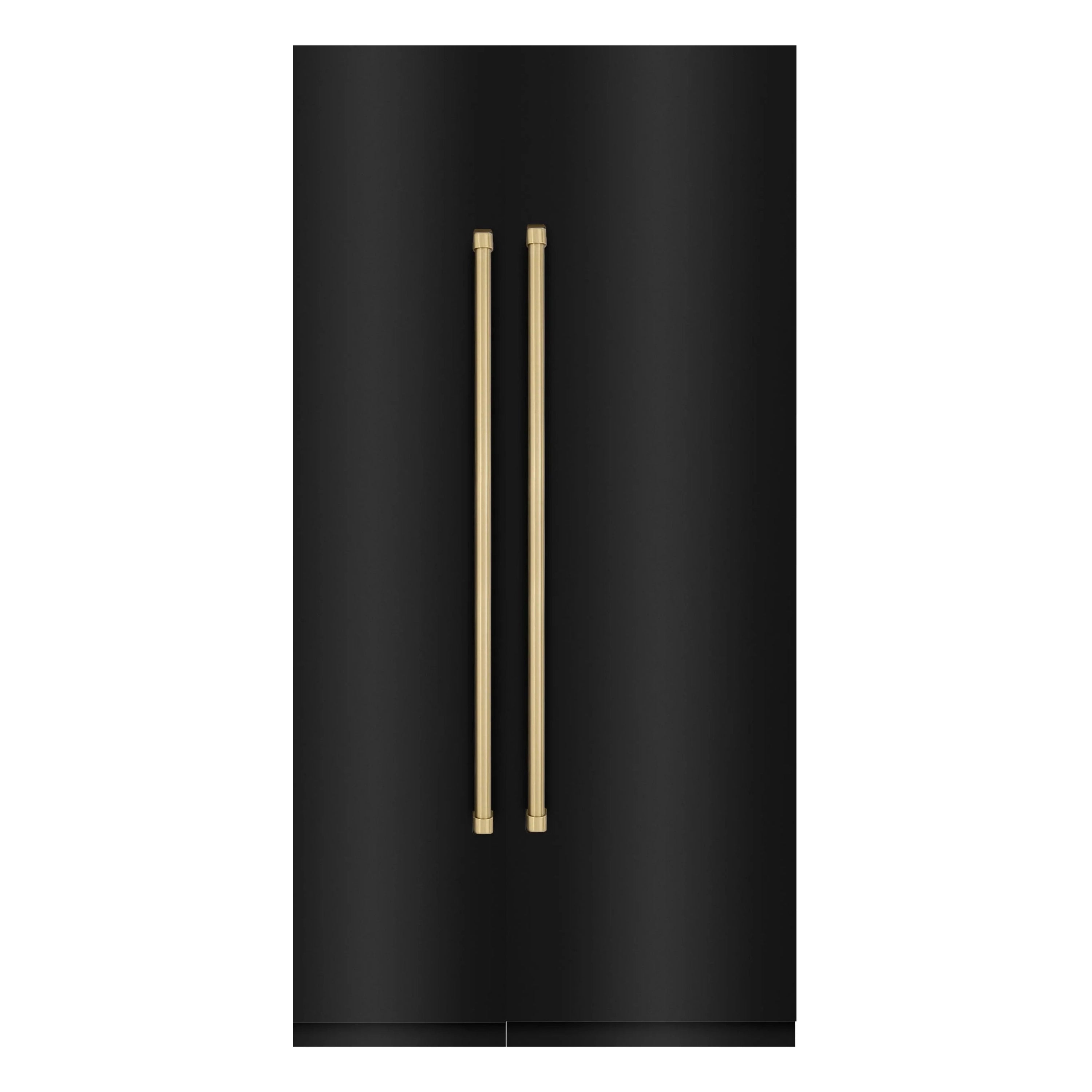 ZLINE black stainless refrigerator/freezer with champagne bronze twin bar handles