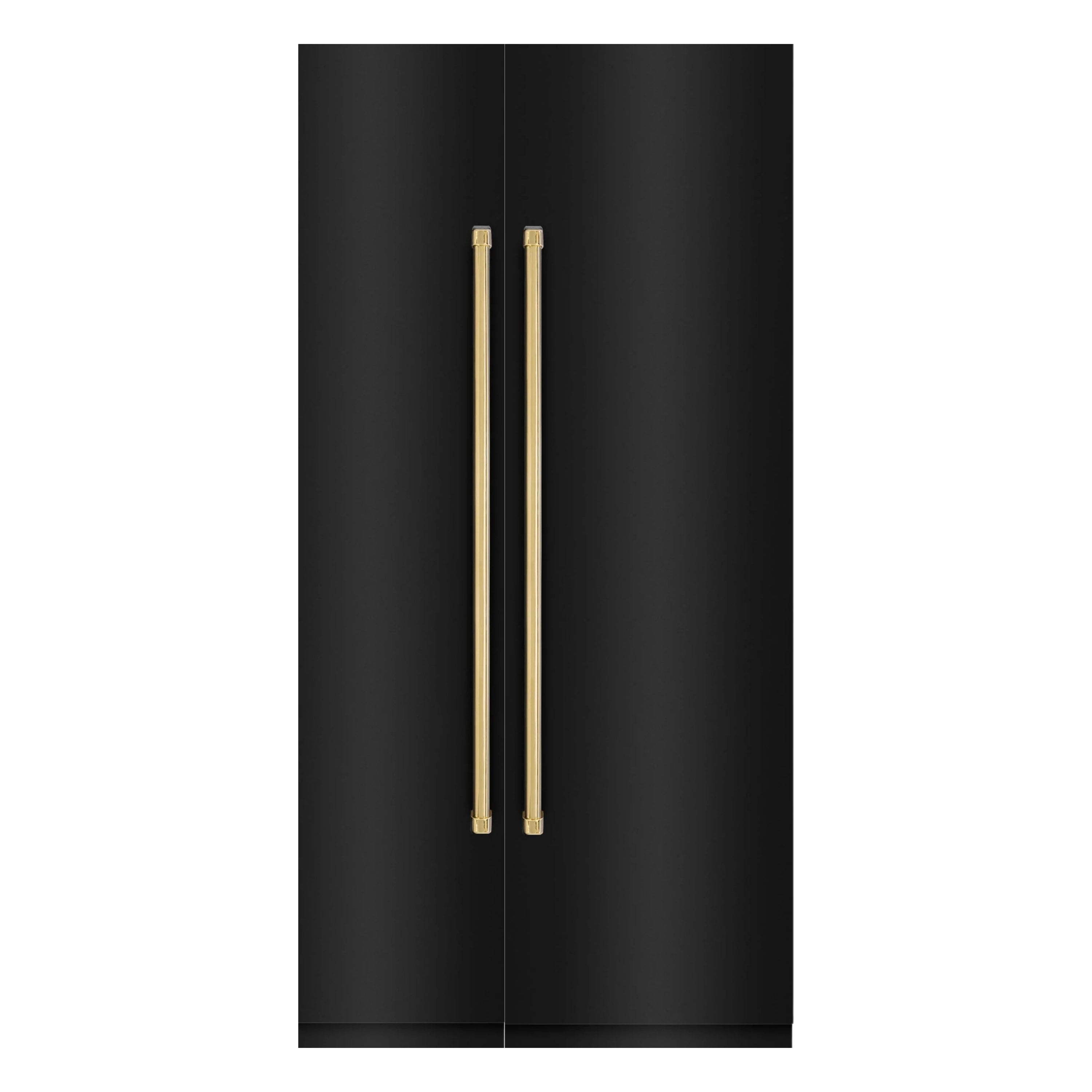 Black stainless refrigerator door with two vertical gold bar handles