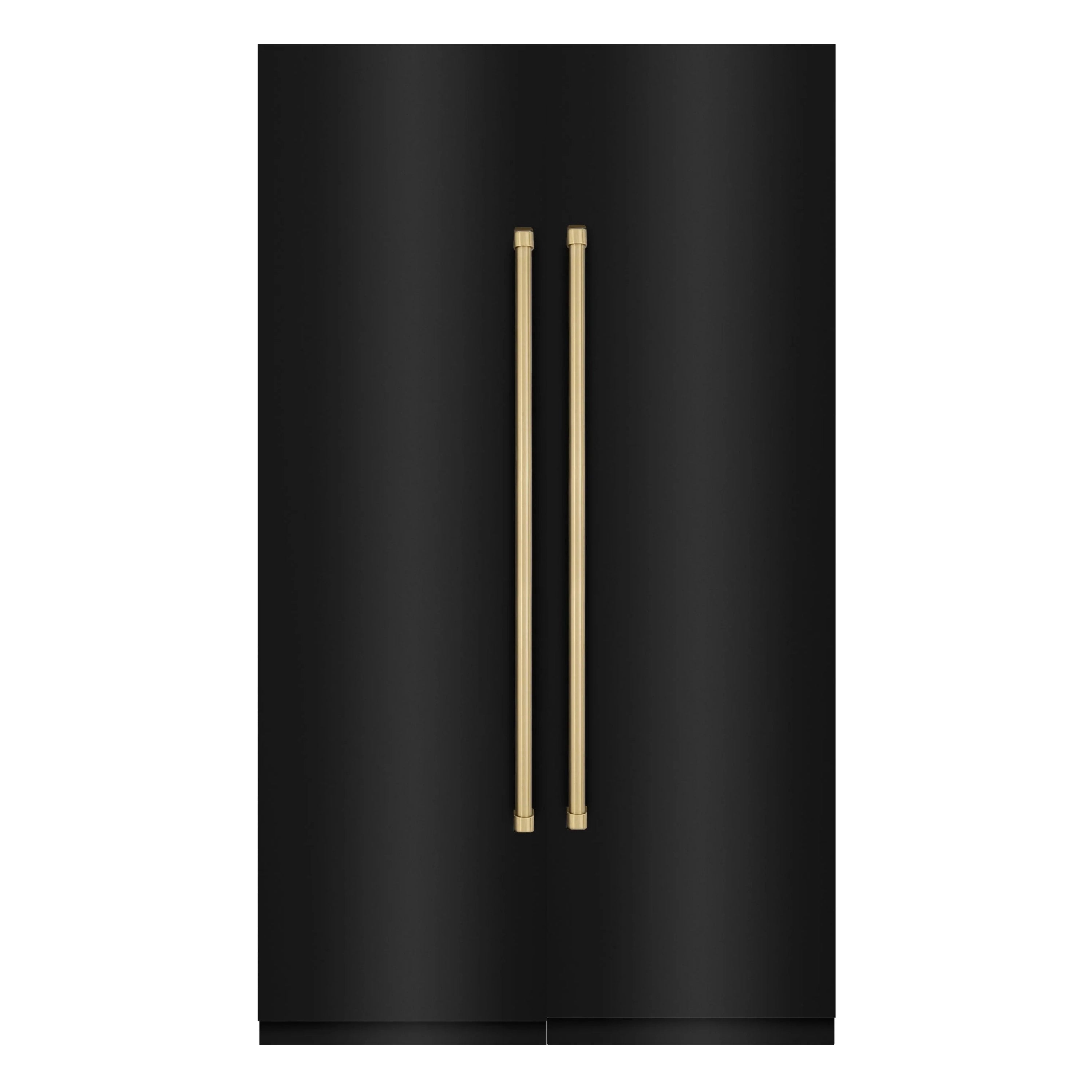 Black stainless steel refrigerator door with two champagne bronze vertical handles