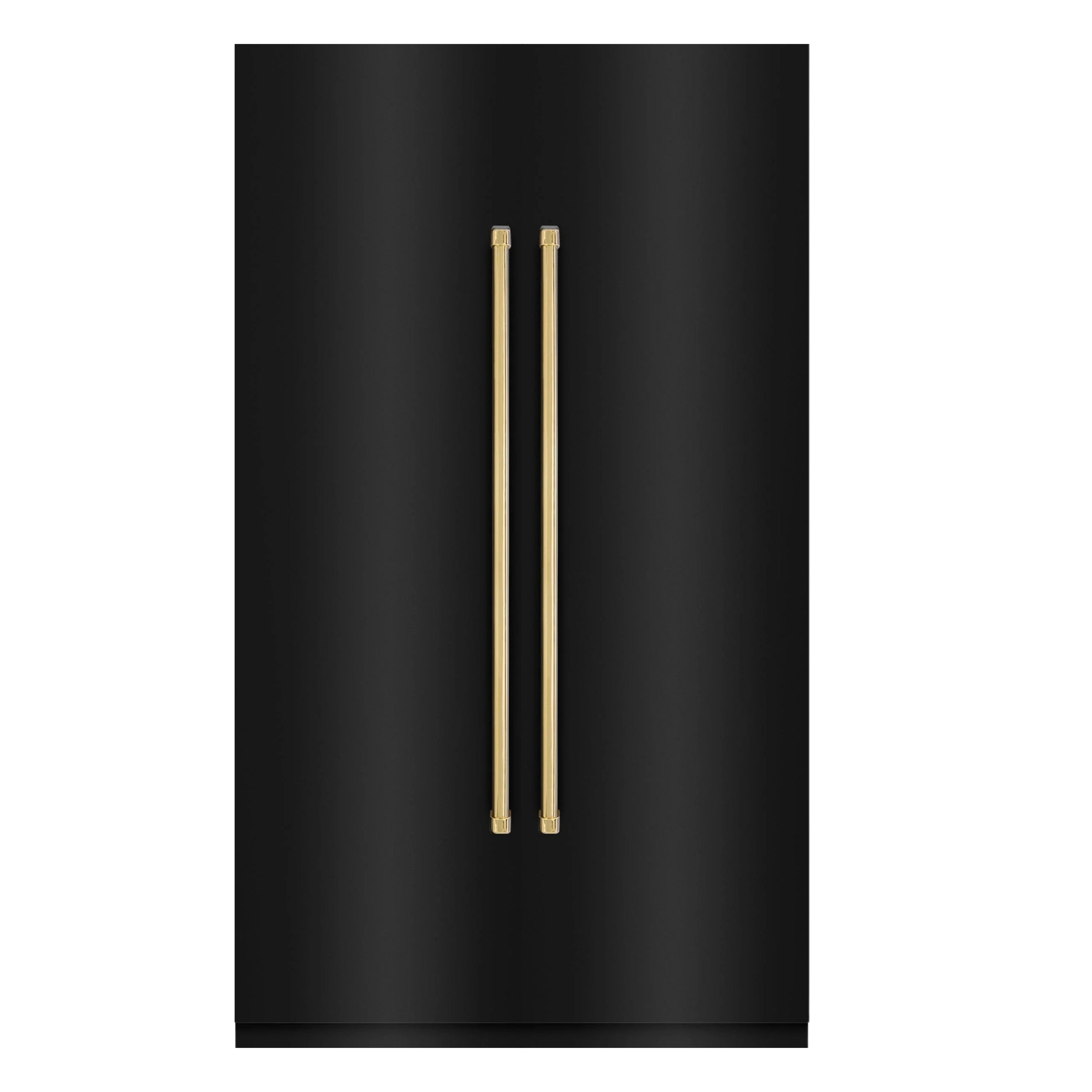 Black stainless refrigerator door with gold vertical bar handles