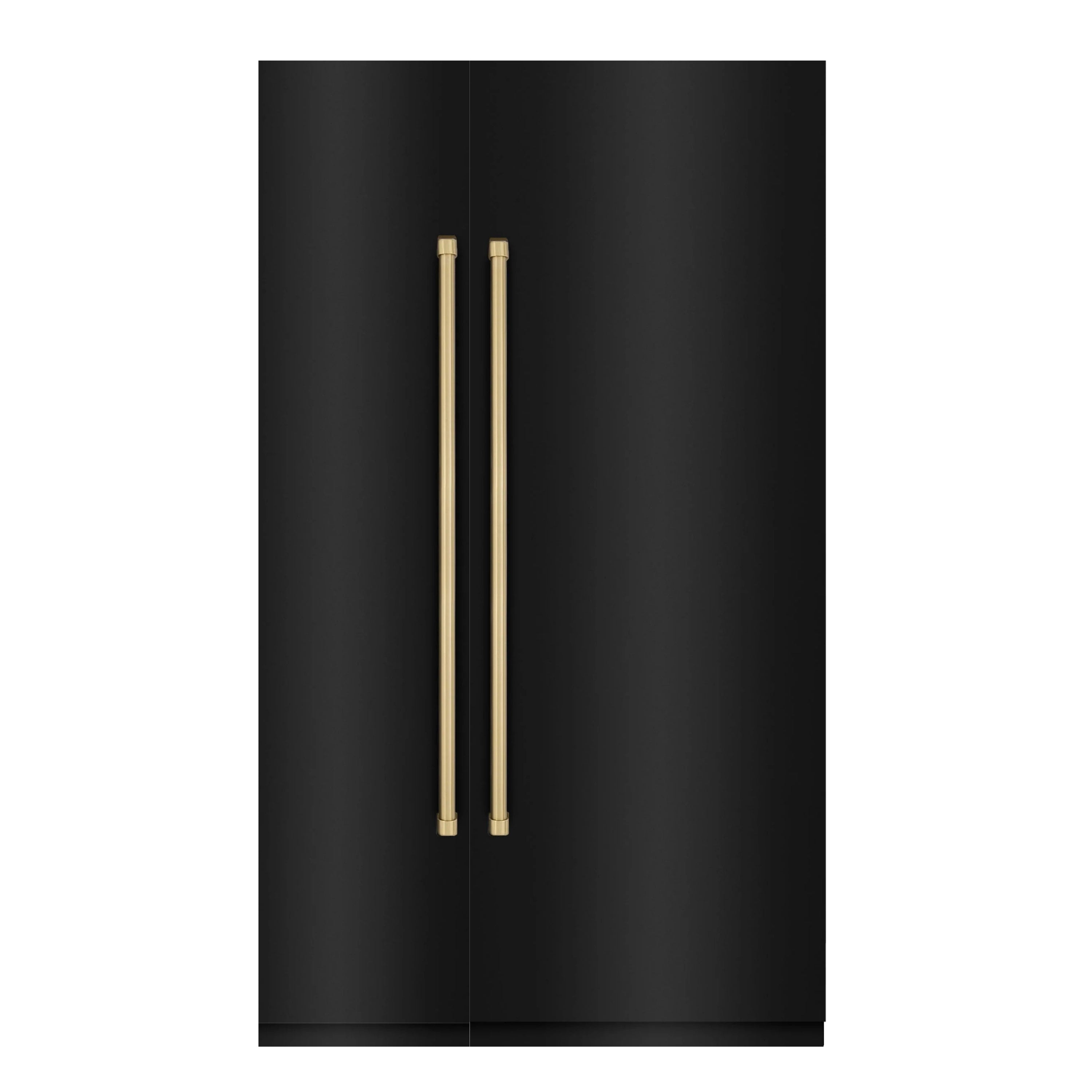 Black refrigerator door with two champagne bronze accent vertical handles