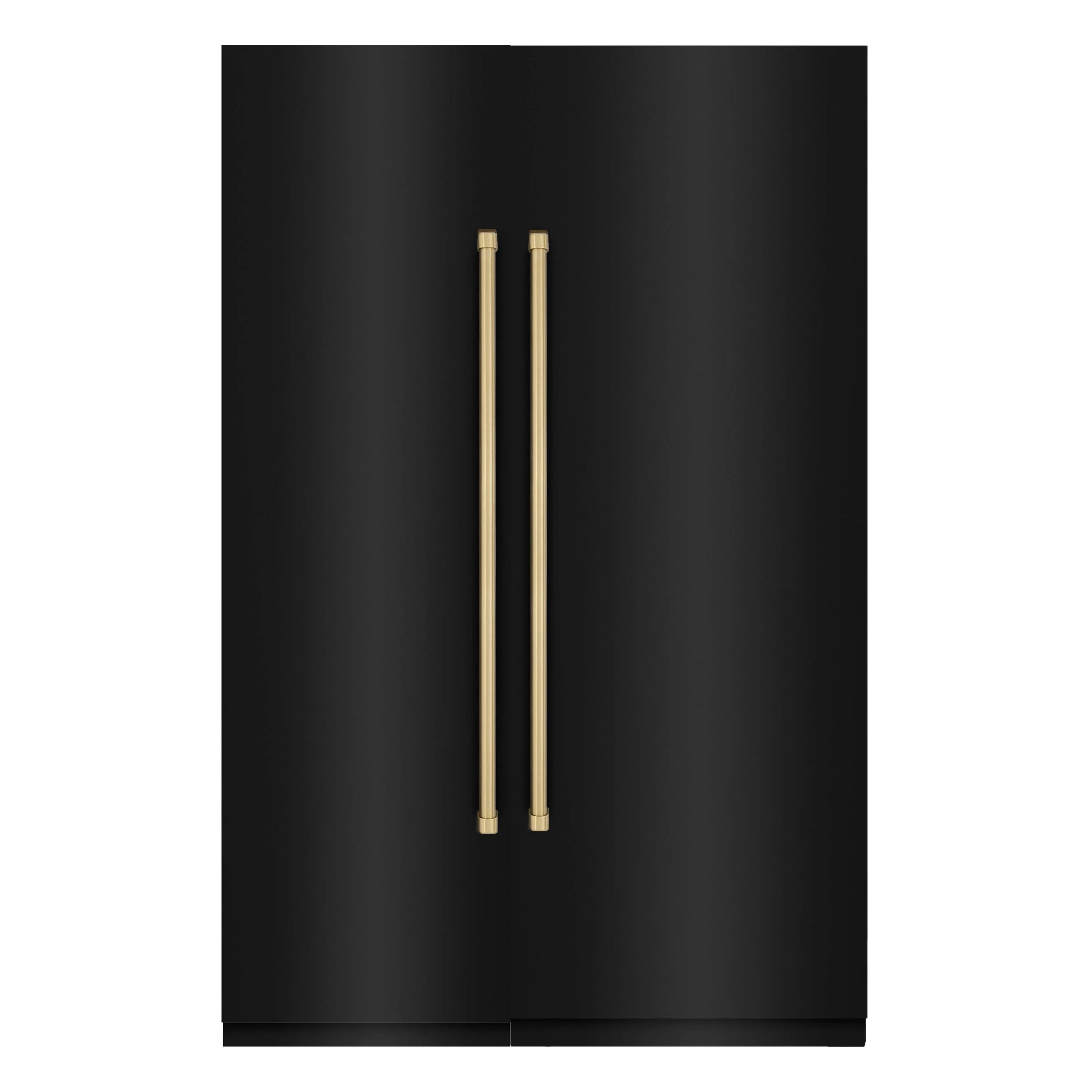 Black stainless steel refrigerator with champagne bronze vertical handles
