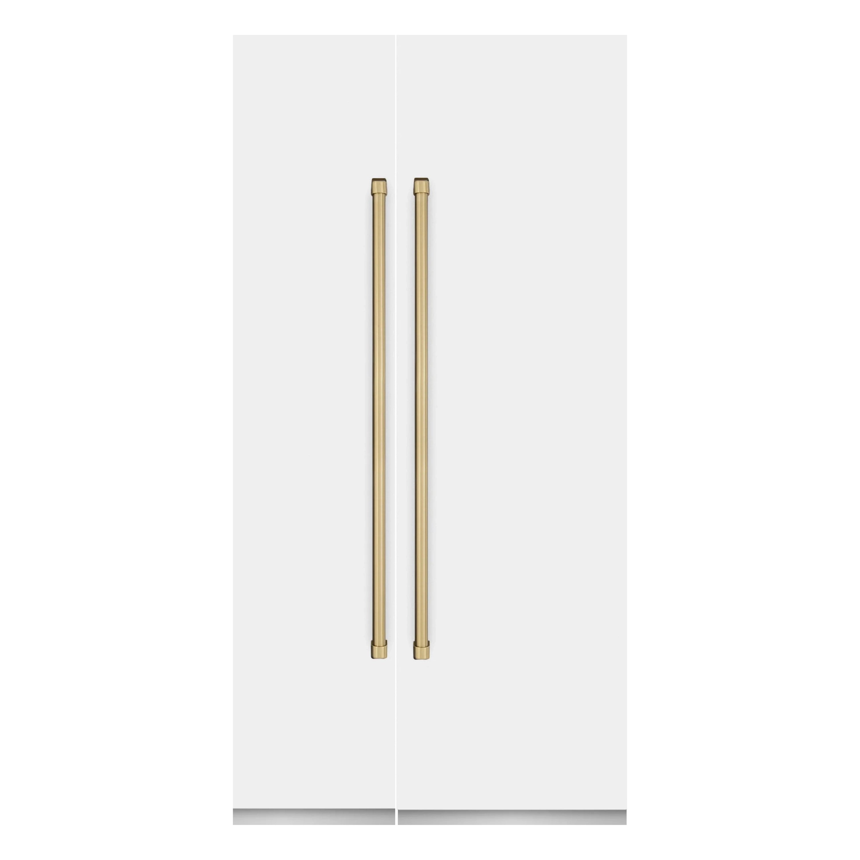 White matte refrigerator/freezer column with champagne bronze accent door handles