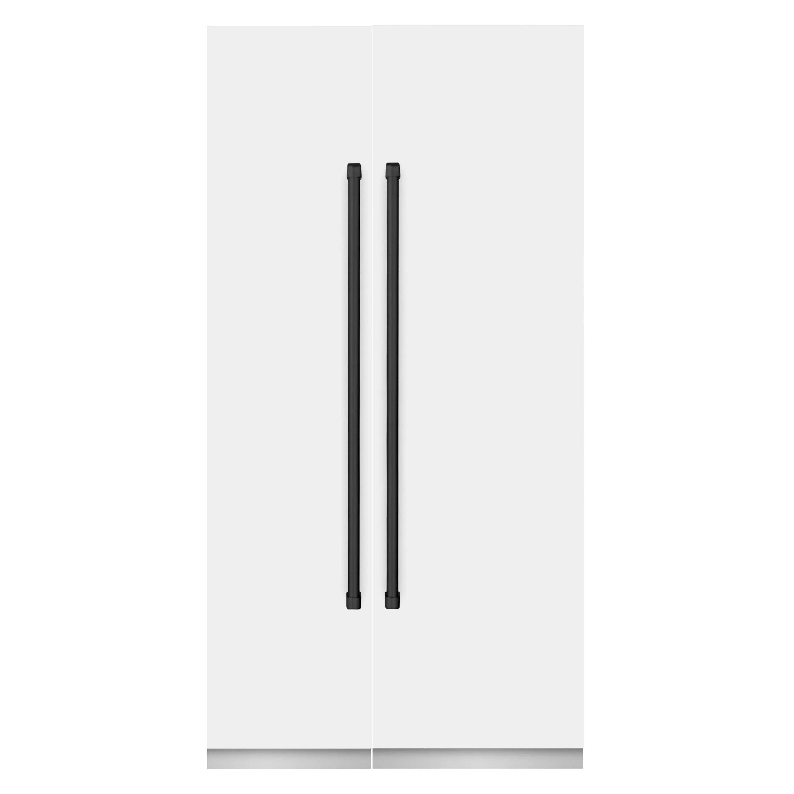 Matte black handles on white matte refrigerator door