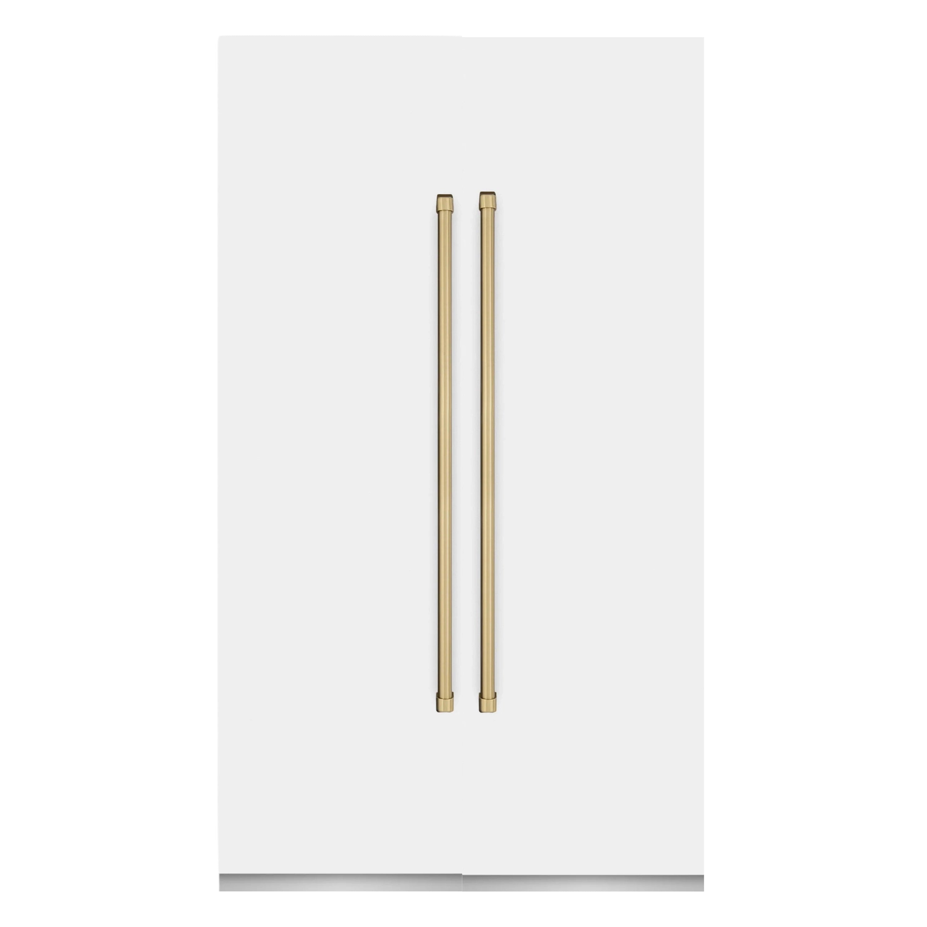 Set of two champagne bronze refrigerator handles on a white matte panel