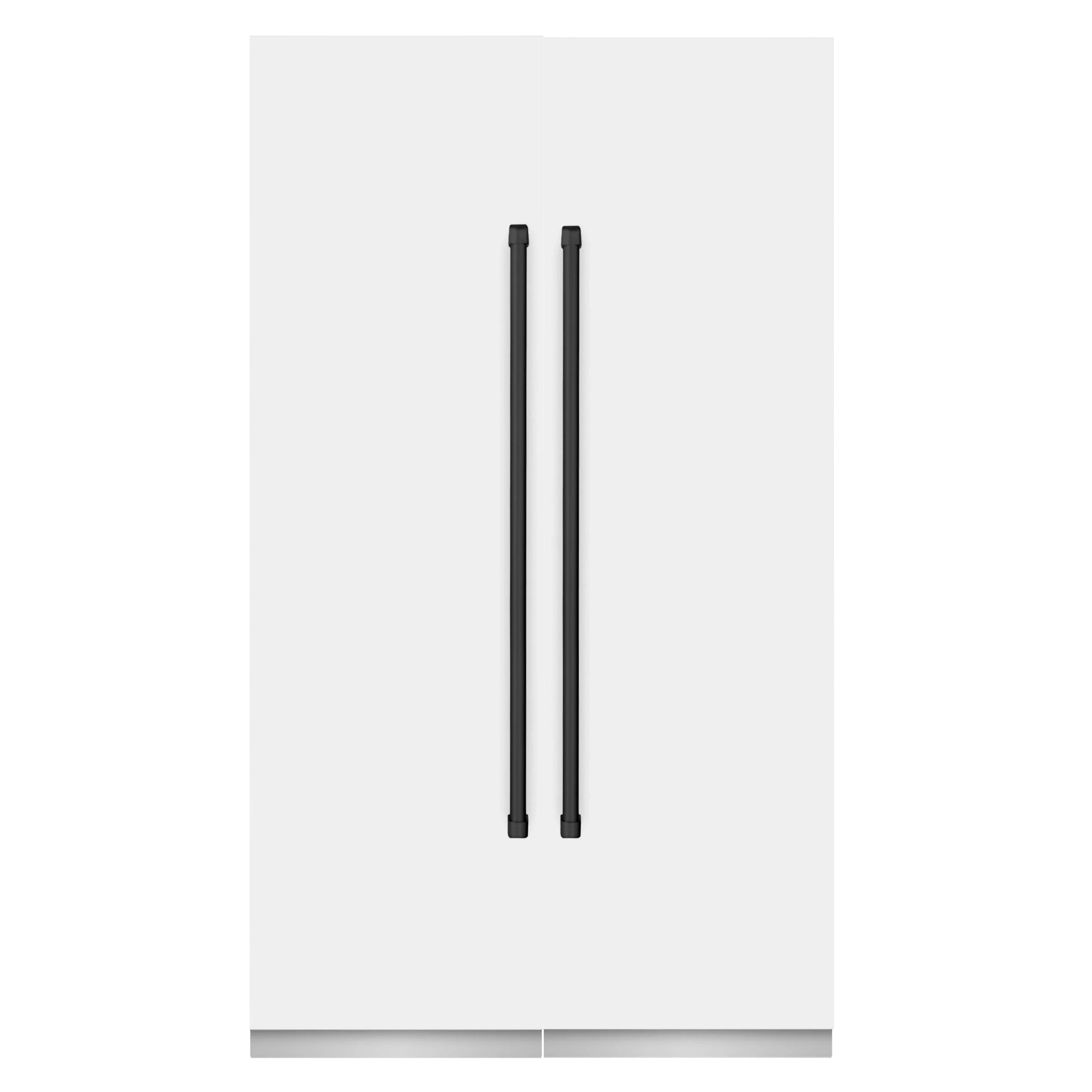 White door panel with two matte black vertical handles