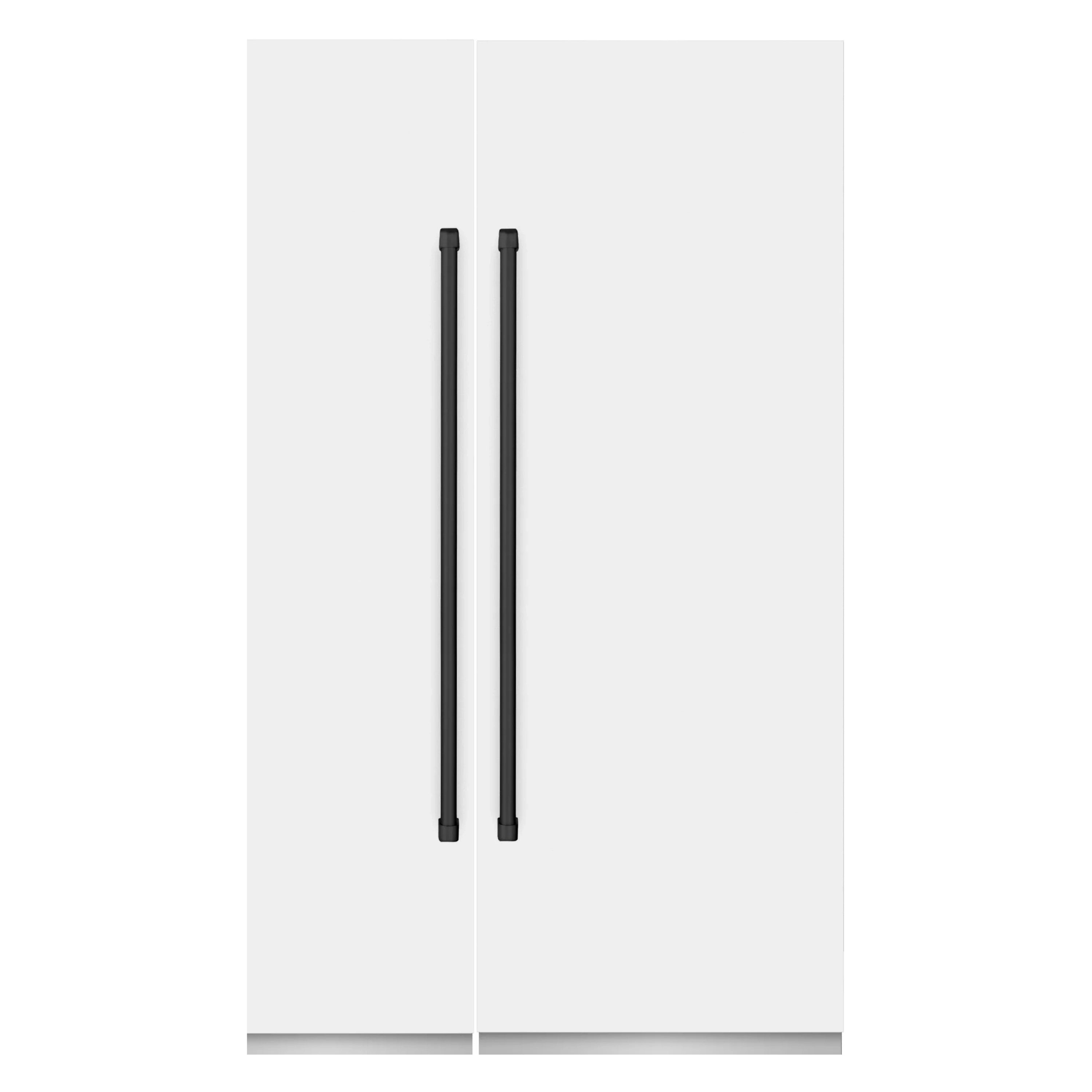 Matte white refrigerator/freezer with matte black vertical pull handles