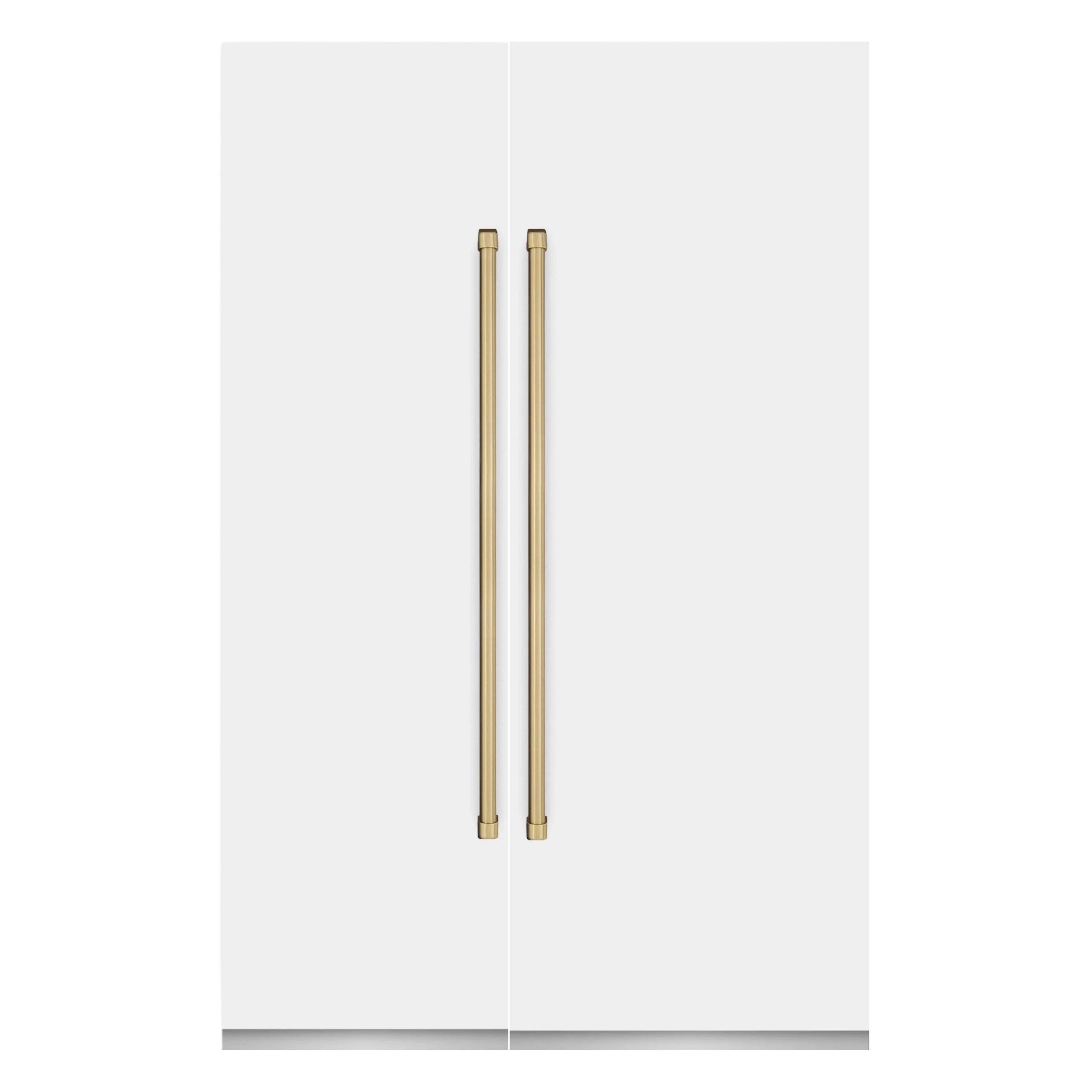 White matte refrigerator door with bronze vertical handles