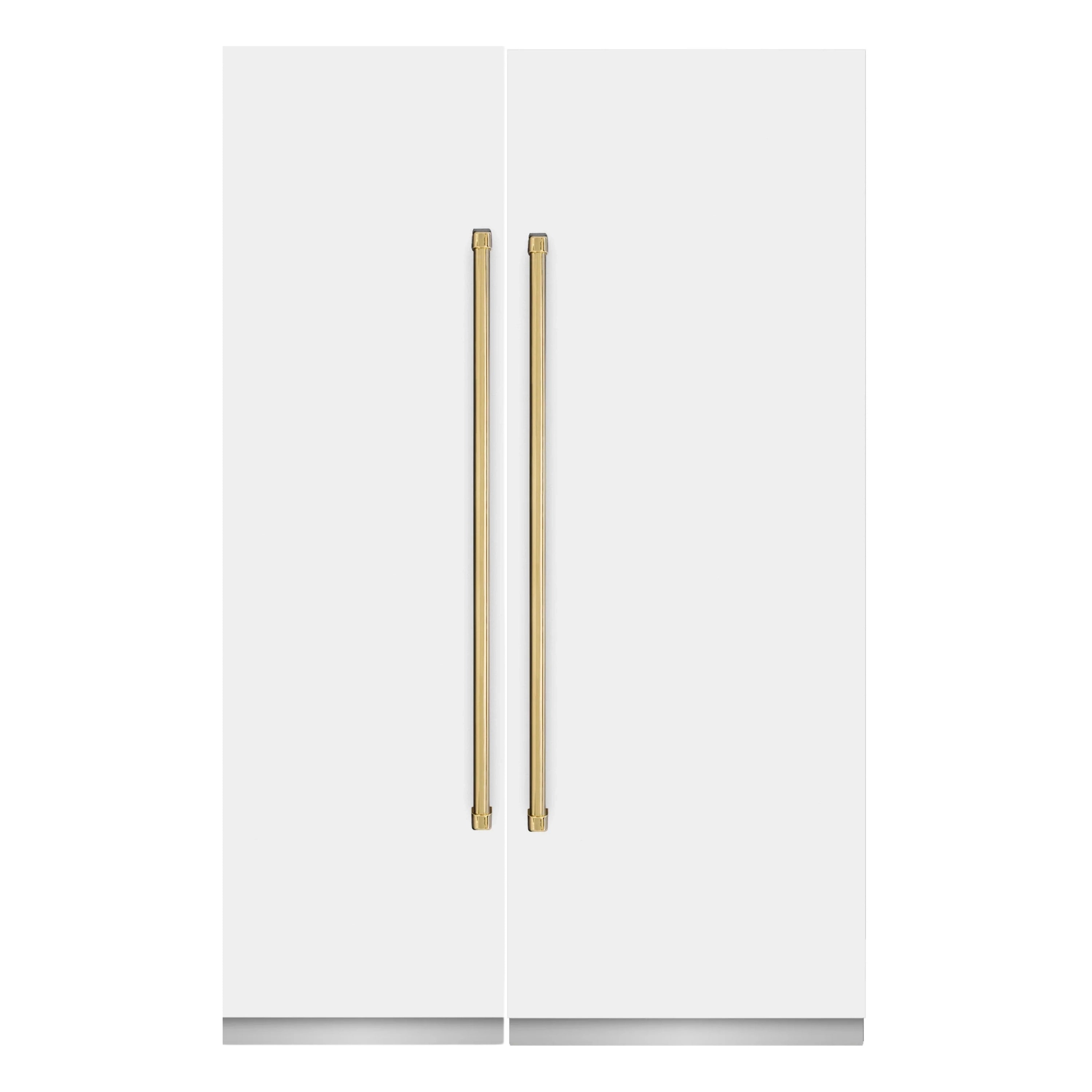 White matte refrigerator with two vertical gold accent handles