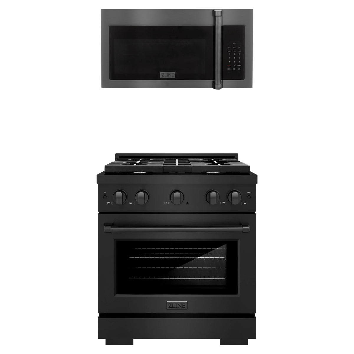 ZLINE 2-Piece Appliance Package - 30-Inch Paramount Dual Fuel Range & Over-the-Range Microwave in Black Stainless Steel