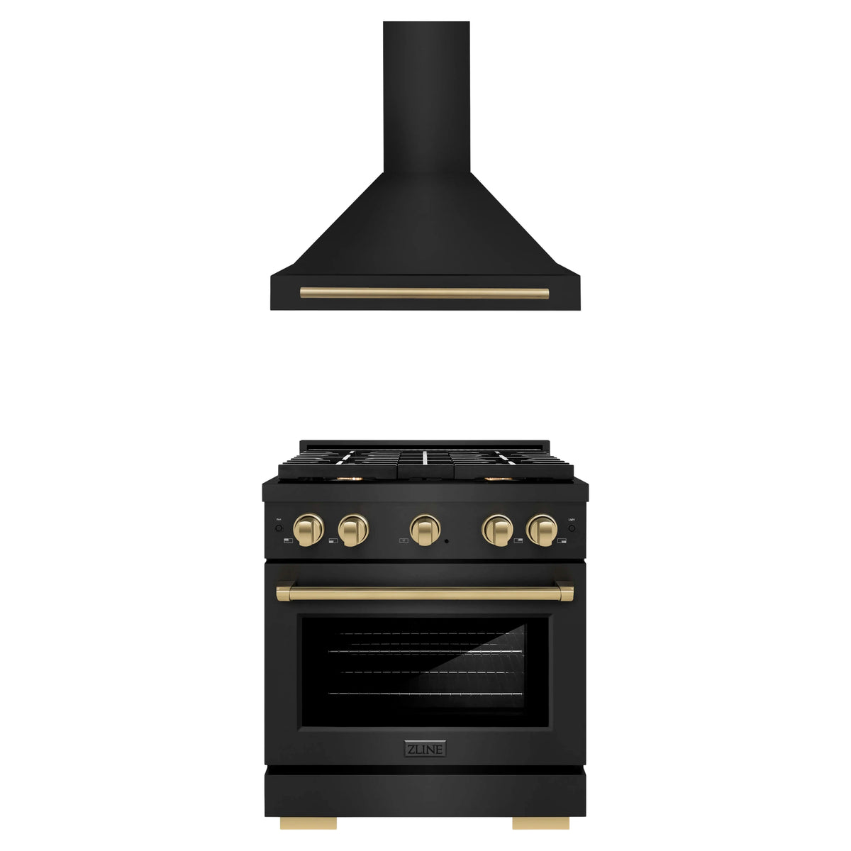 ZLINE Autograph Edition 2-Piece Appliance Package - 30-Inch Paramount Dual Fuel Range & Wall Mount Range Hood in Black Stainless Steel with Champagne Bronze Accents