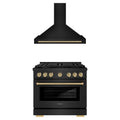 ZLINE Autograph Edition 2-Piece Appliance Package - 36-Inch Paramount Dual Fuel Range & Wall Mount Range Hood in Black Stainless Steel with Champagne Bronze Accents