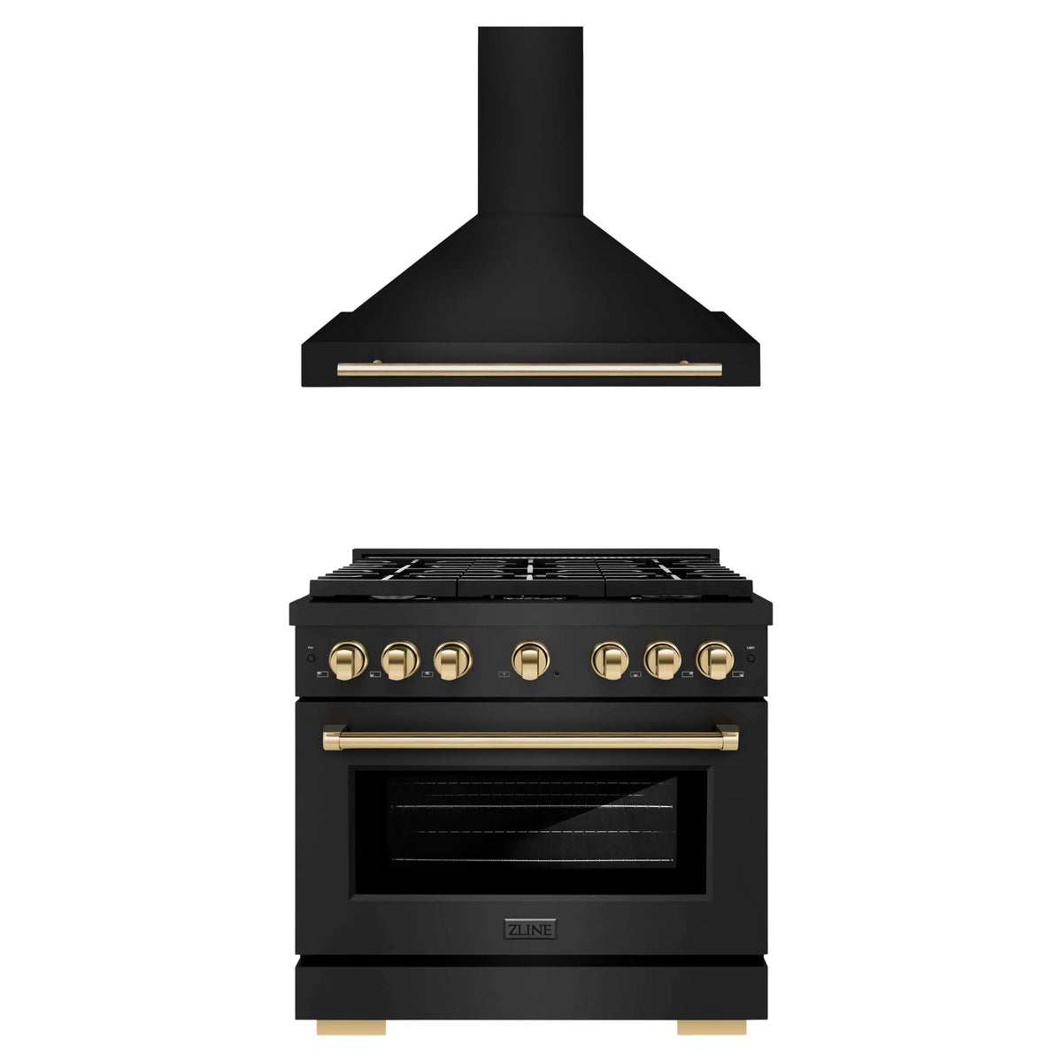 ZLINE Autograph Edition 2-Piece Appliance Package - 36-Inch Paramount Dual Fuel Range & Wall Mount Range Hood in Black Stainless Steel with Gold Accents